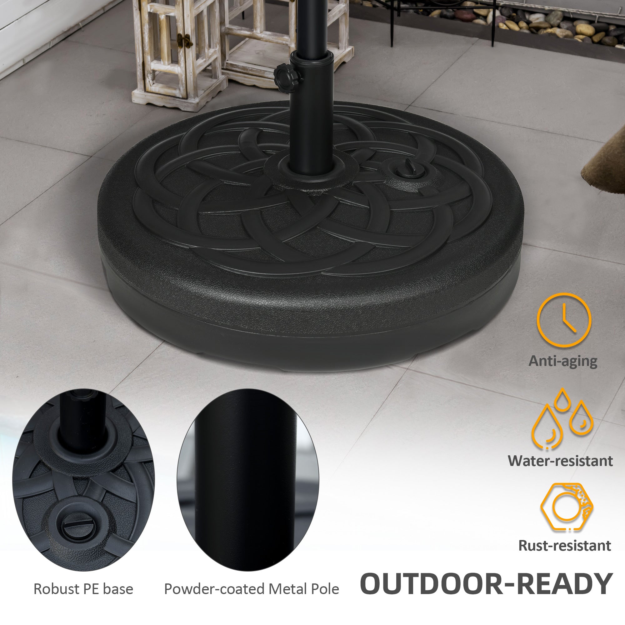 Outsunny Garden Parasol Base Holder, Outdoor Market Umbrella Stand Weight with Built-In Handle, 25kg Water or 35kg Sand Filled, Black - North Peak Garden Furniture