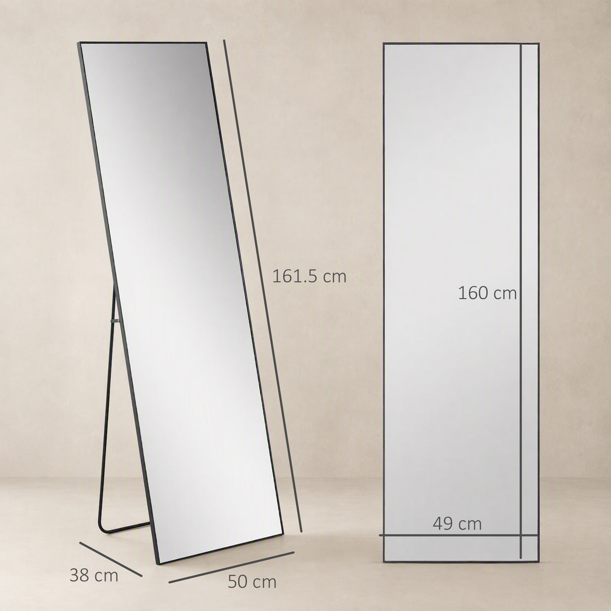 HOMCOM Full Length Mirror, Aluminium Alloy Framed Full Body Mirror with Tempered Glass, Standing or Wall Hanging, Black