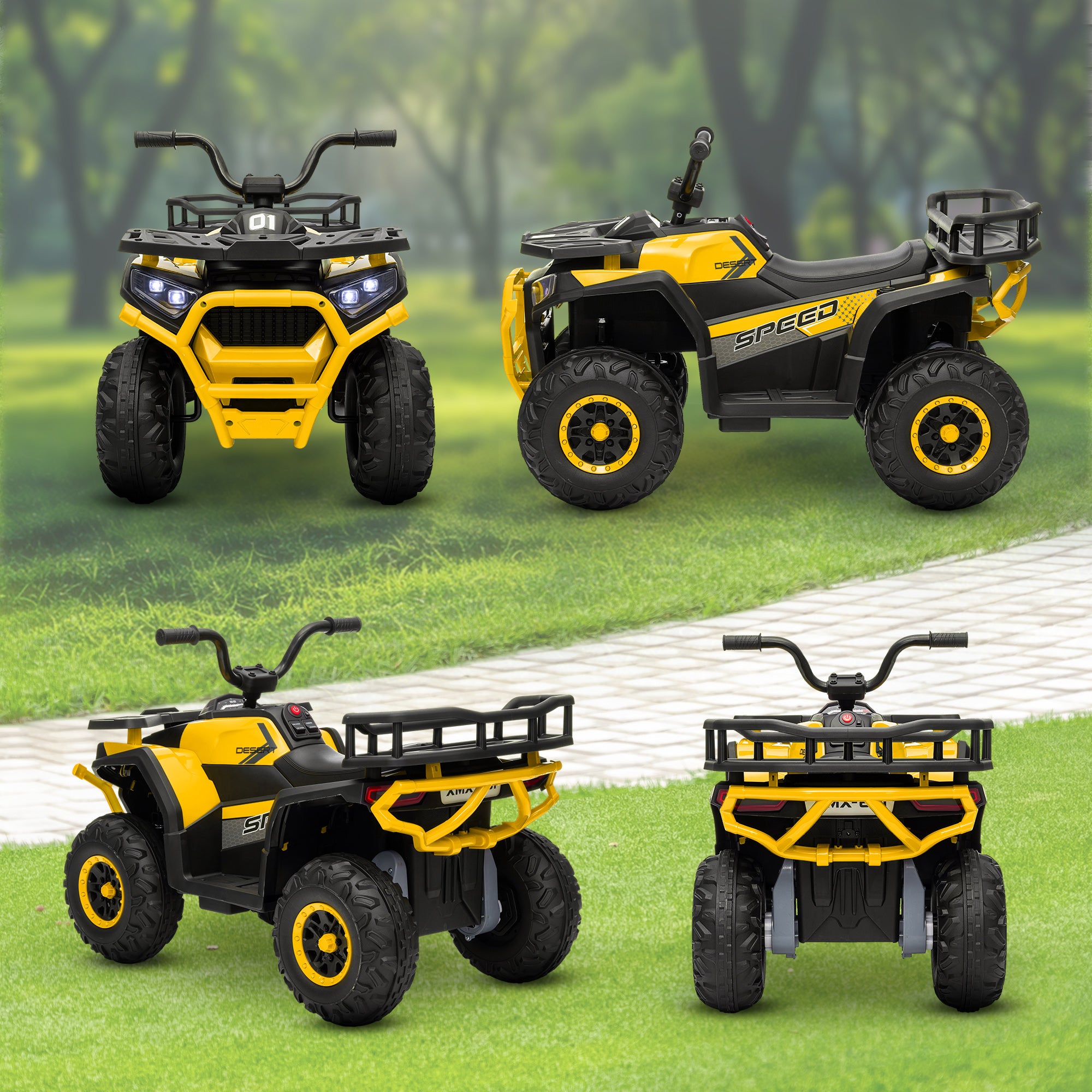 AIYAPLAY 12V Kids Electric Ride on ATV, Battery Powered Quad Bike w/ Spring Suspension, Forward Backward, Storage Basket - Yellow - North Peak Garden Furniture