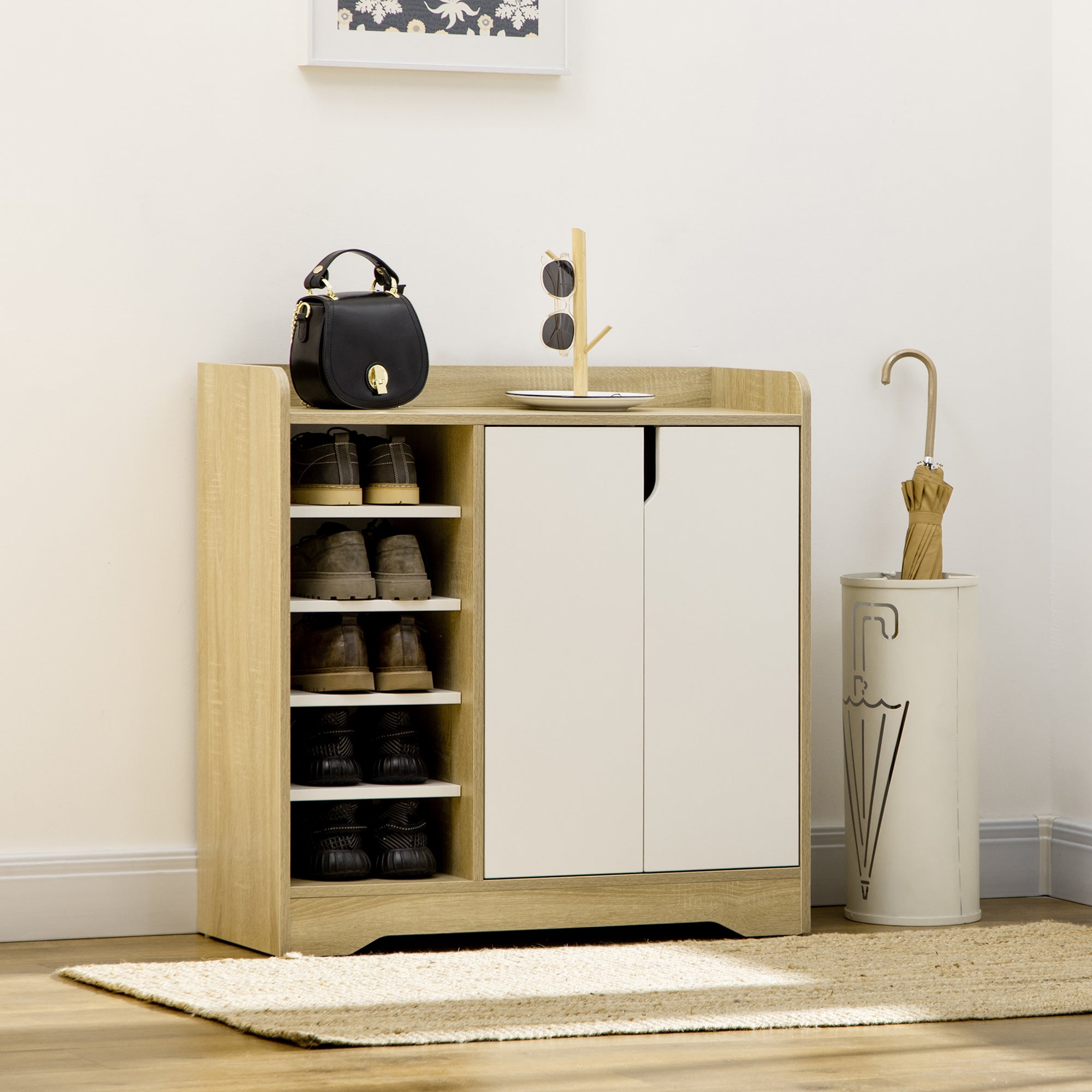 HOMCOM Shoe Storage with Double Doors and Open Shelves 13 Pair Shoe Storage Organizer for Entryway Hallway Natural and White - North Peak Garden Furniture