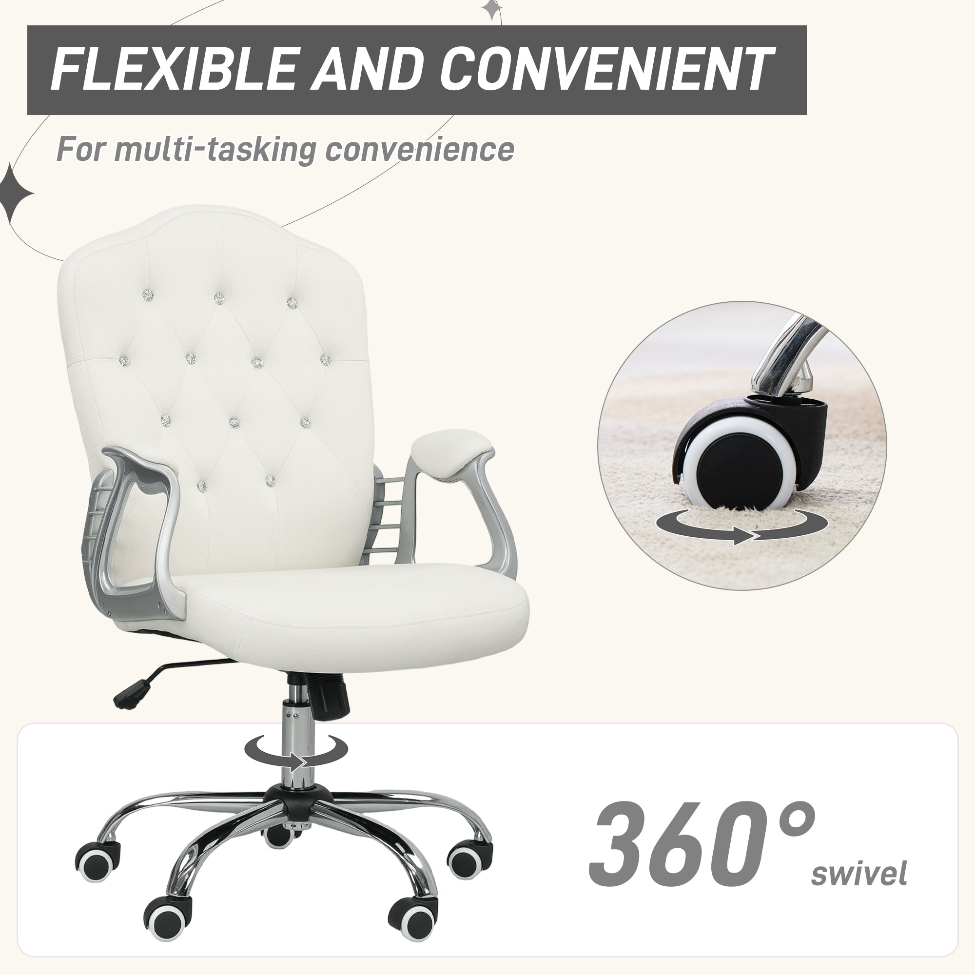 Vinsetto Velvet-Feel Work Chair, with Diamante Back - Cream