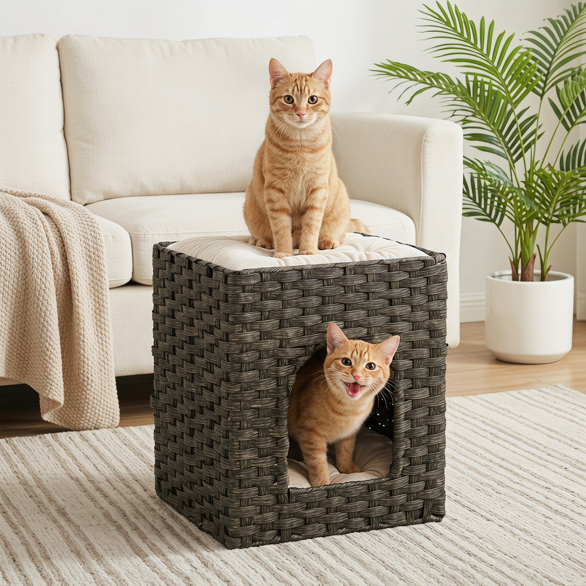 PawHut 2-Tier Wicker Cat House, Handwoven Rattan Cat Bed with Washable Cushions, Indoor Kitten Condo Hideaway