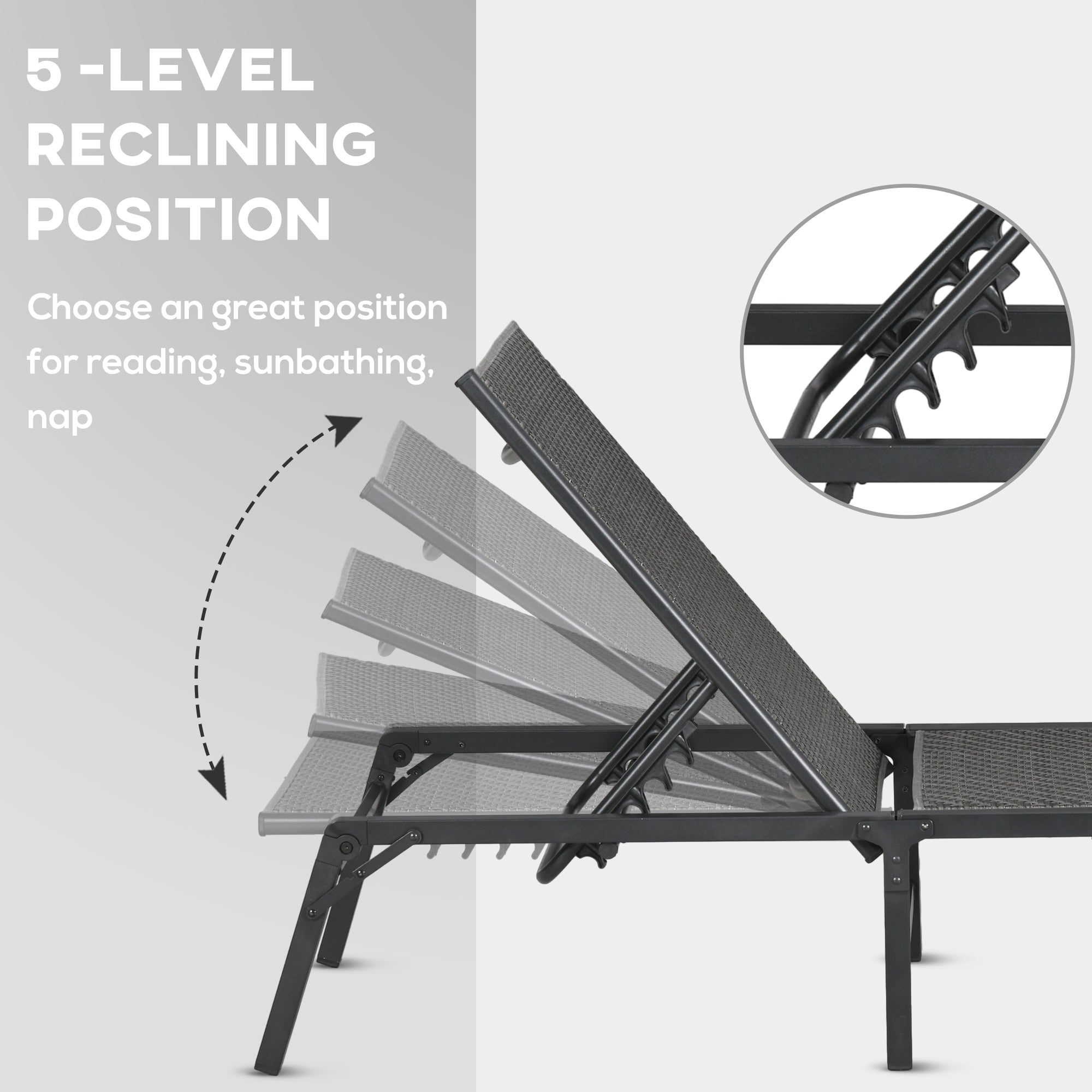 Outsunny Foldable Rattan Sun Lounger with 5-Level Adjust Backrest, Recliner Chair, Grey - North Peak Garden Furniture