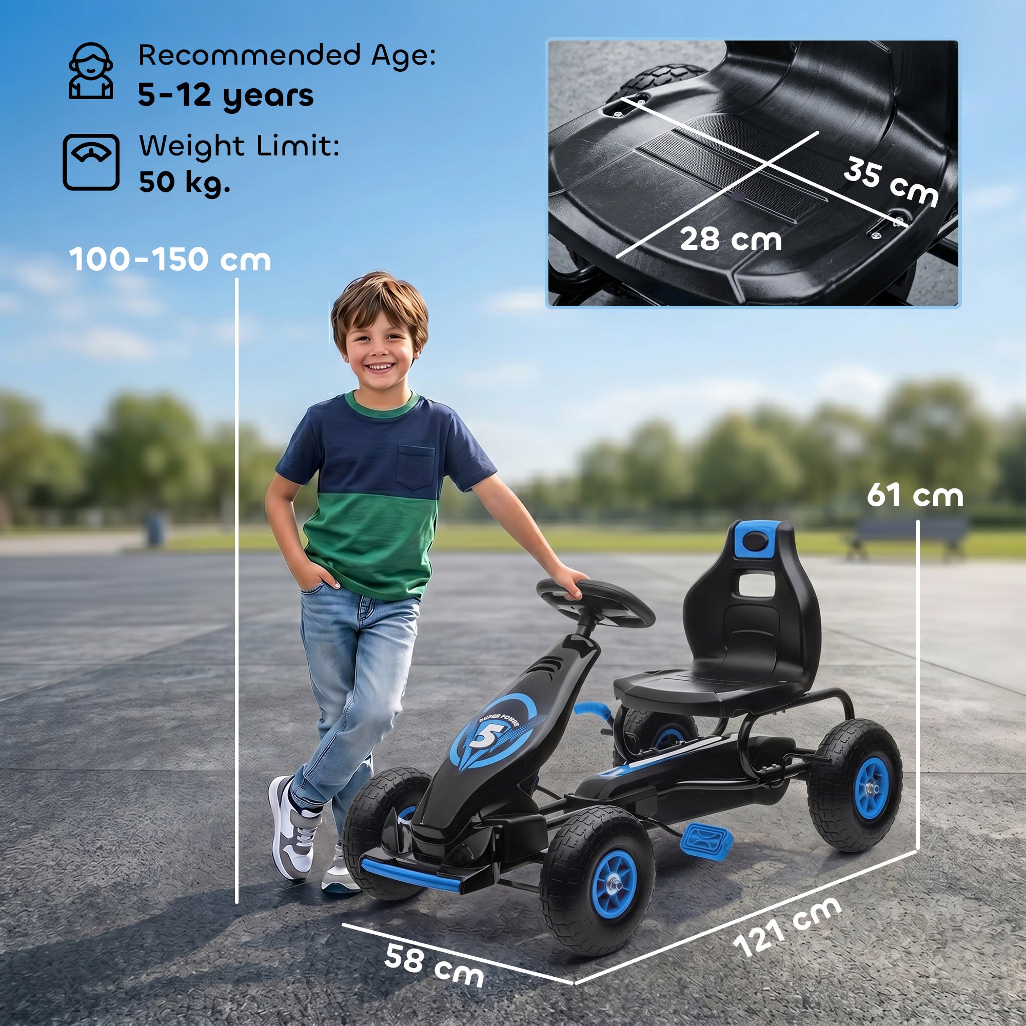 HOMCOM Kids Pedal Go Kart, with Adjustable Seat, Inflatable Tyres - Blue