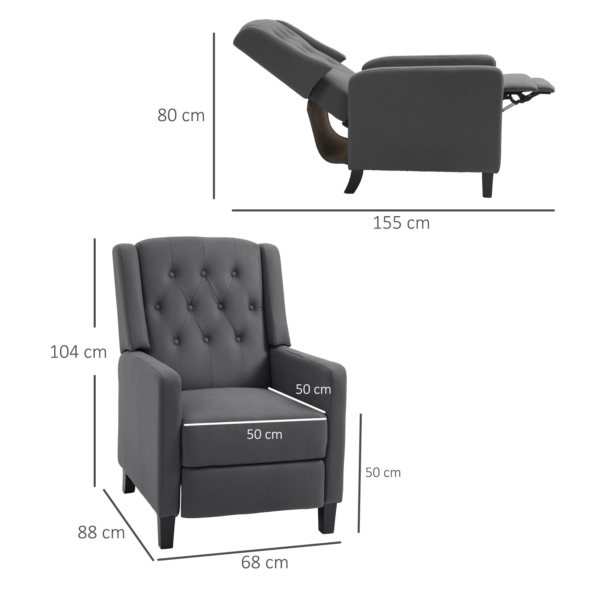 HOMCOM Wingback Recliner Chair for Home Theater, Button Tufted Microfibre Cloth Reclining Armchair with Leg Rest, Deep Grey - North Peak Garden Furniture