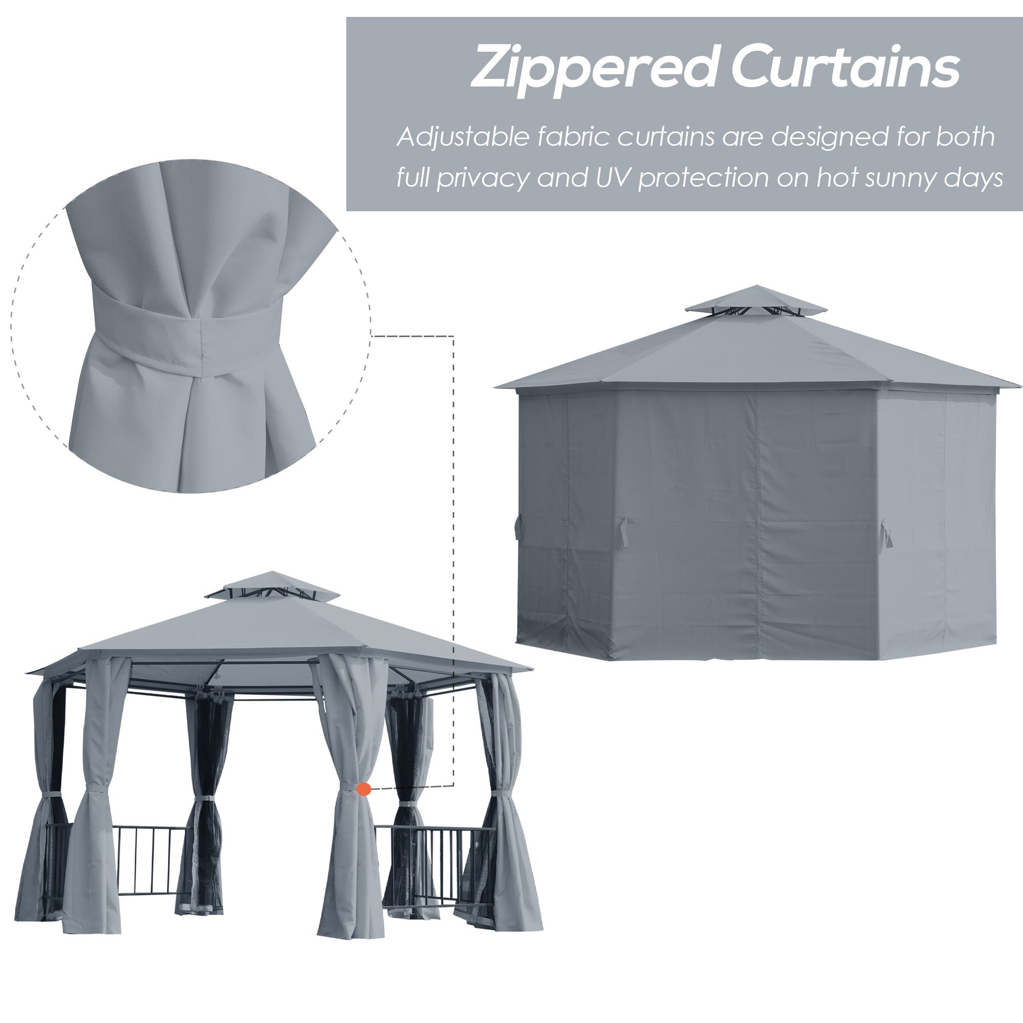 Outsunny 3 x 3(m) Hexagon Gazebo Patio Canopy Party Tent Outdoor Garden Shelter w/ 2 Tier Roof & Side Panel - Grey - North Peak Garden Furniture
