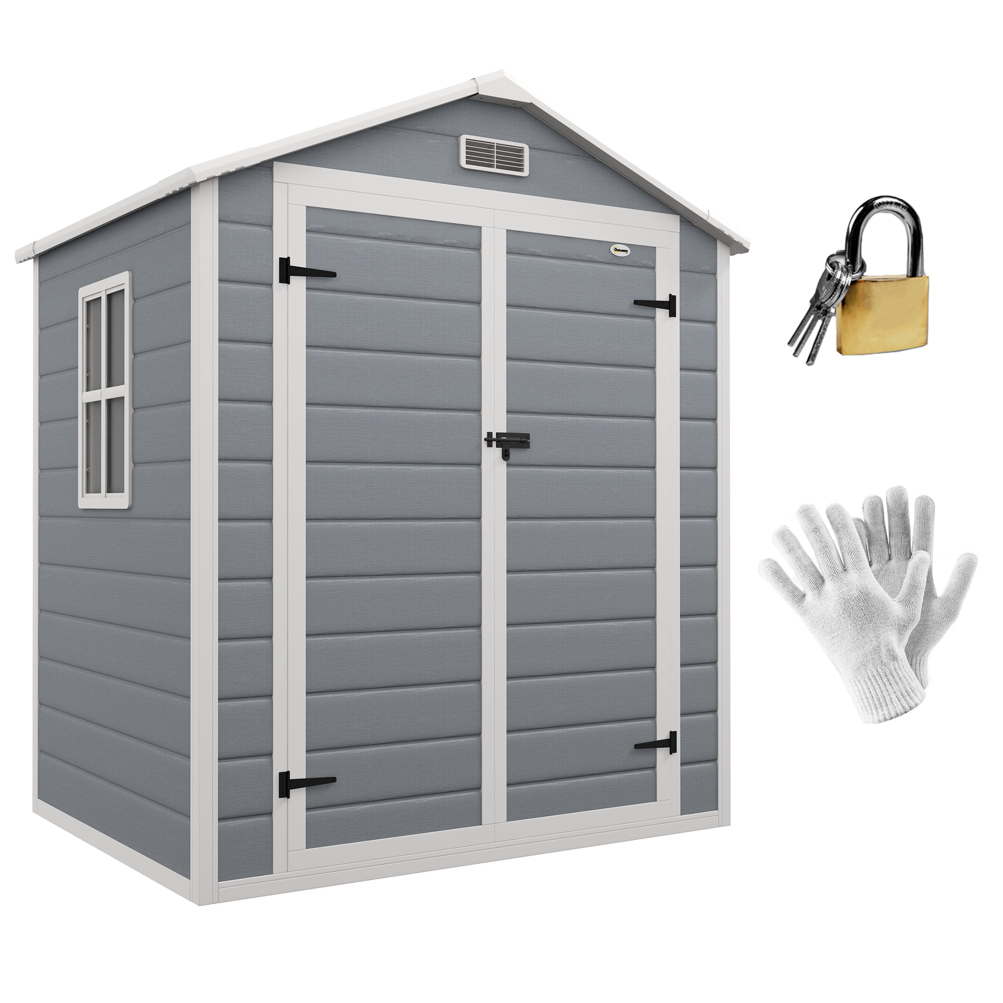 Outsunny 6'x4.5' Garden Storage Shed, Lockable Garden Shed with Double Doors, Window, Vent and Plastic Roof, Grey - North Peak Garden Furniture
