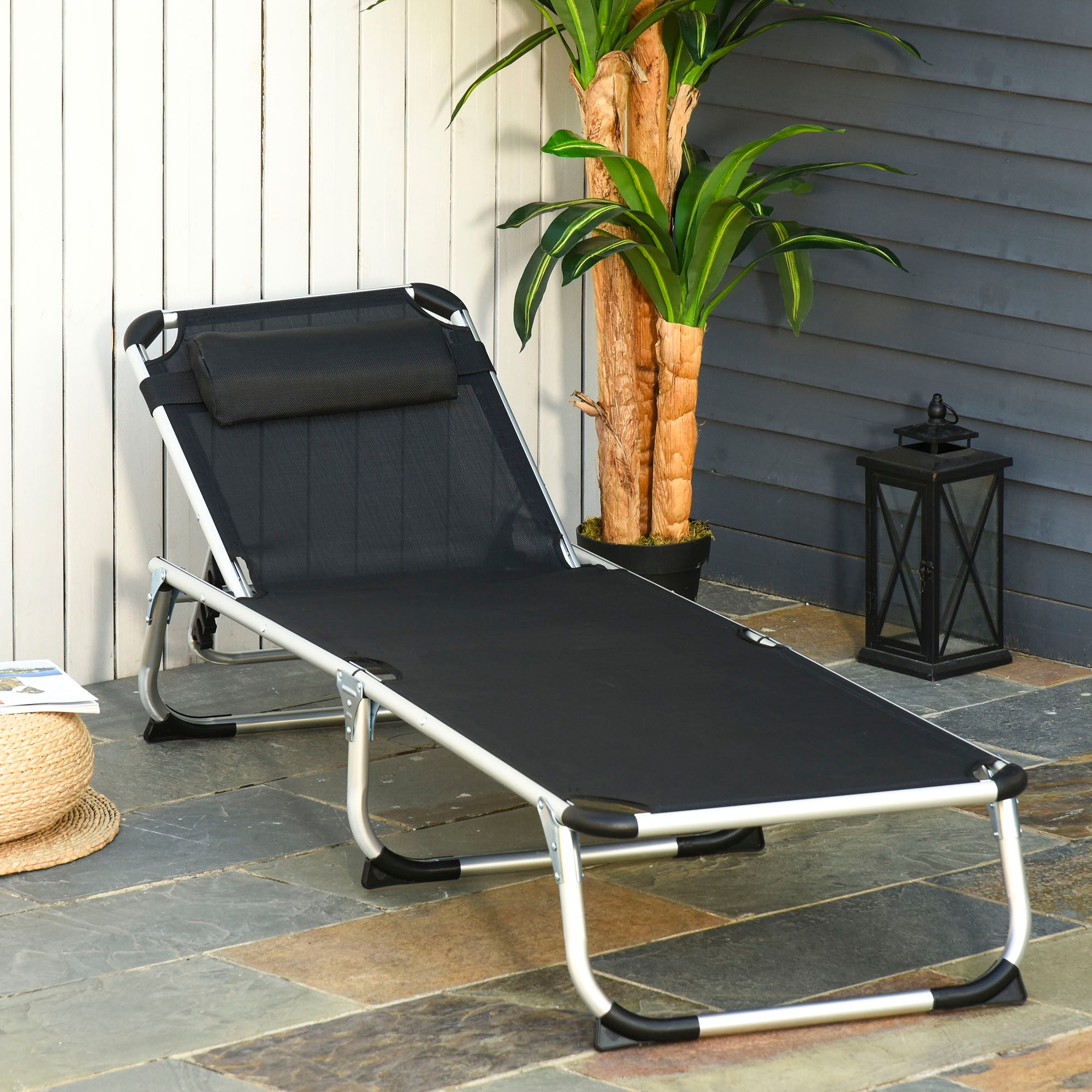 Outsunny Foldable Outdoor Sun Lounger, Reclining Lounge Chair Camping Bed Cot with Pillow 4-Level Adjustable Back Aluminium Frame, Black - North Peak Garden Furniture