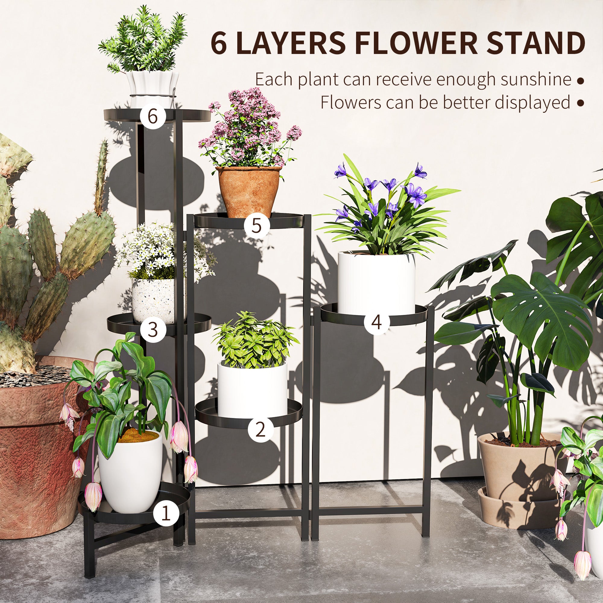 Outsunny 3 Tier Plant Stand Indoor Outdoor, Foldable Corner Plant Stands for Multiple Plants, Metal Round Flower Pot Holder for Patio Garden Balcony Living Room, Black - North Peak Garden Furniture