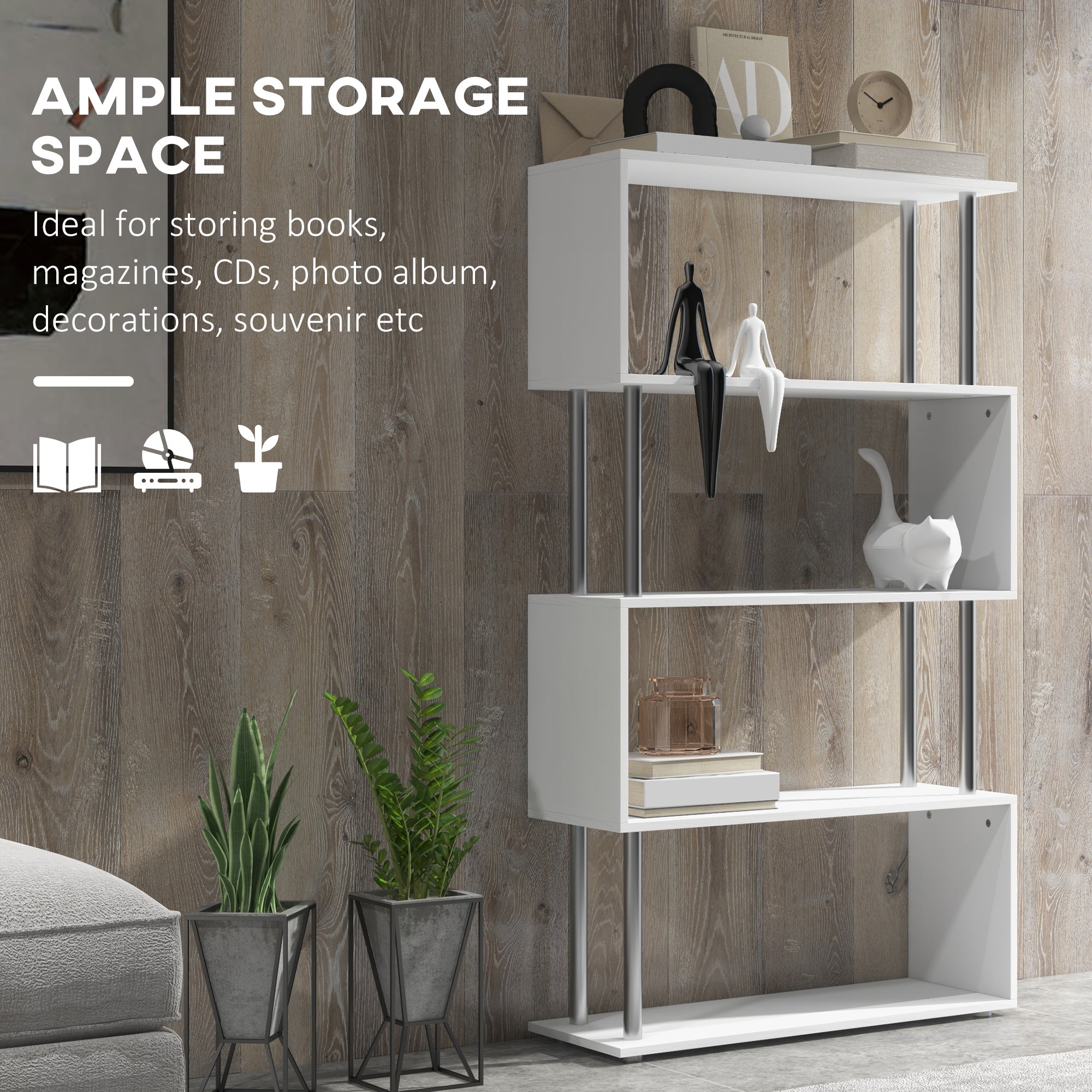 HOMCOM S Shape Bookcase, 5 Tiers Bookshelf, Modern Freestanding Storage Shelf for Home Office, Study, Living Room, 80 x 30 x 145cm, White - North Peak Garden Furniture