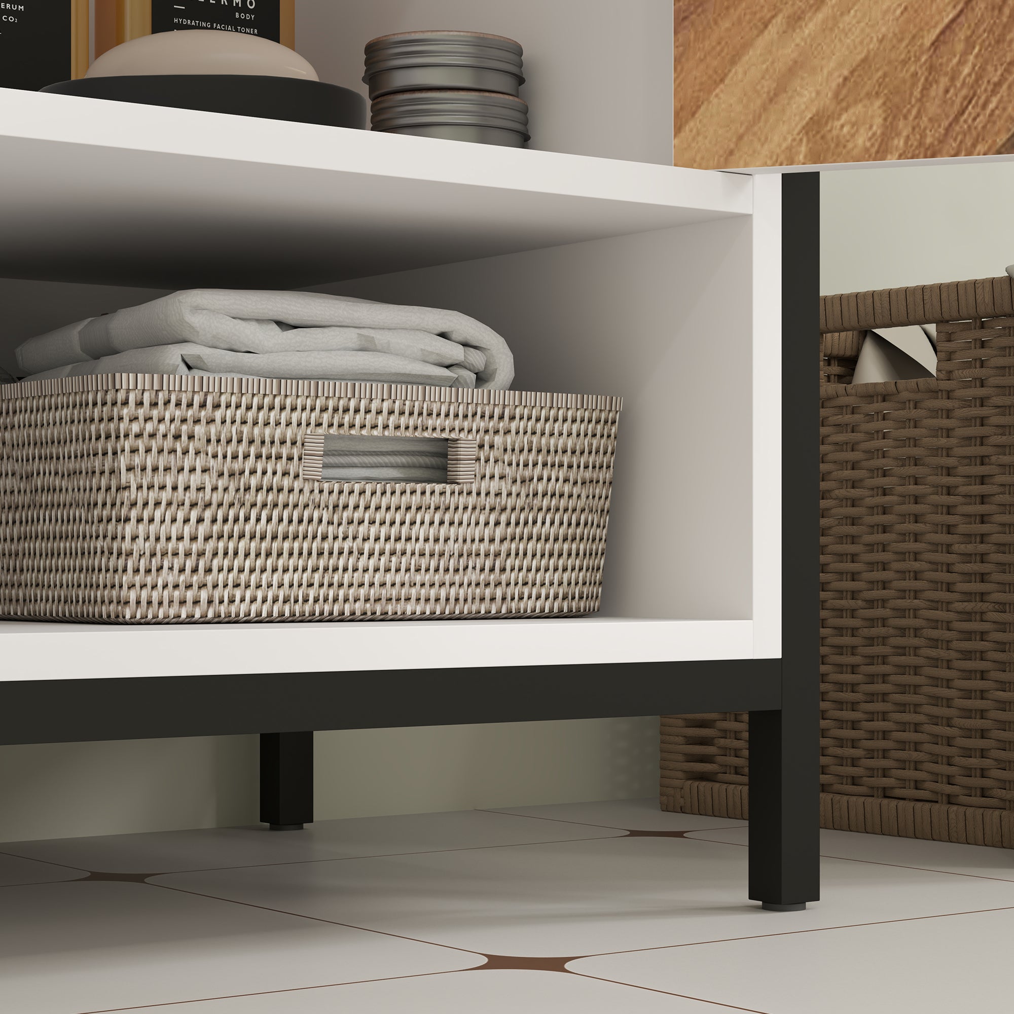 HOMCOM Under Sink Bathroom Cabinet, Rustic Under Sink Cabinet with Herringbone Doors and Open Compartment for Basin with or without Pedestal, 80 x 40 x 60cm, Cream White - North Peak Garden Furniture