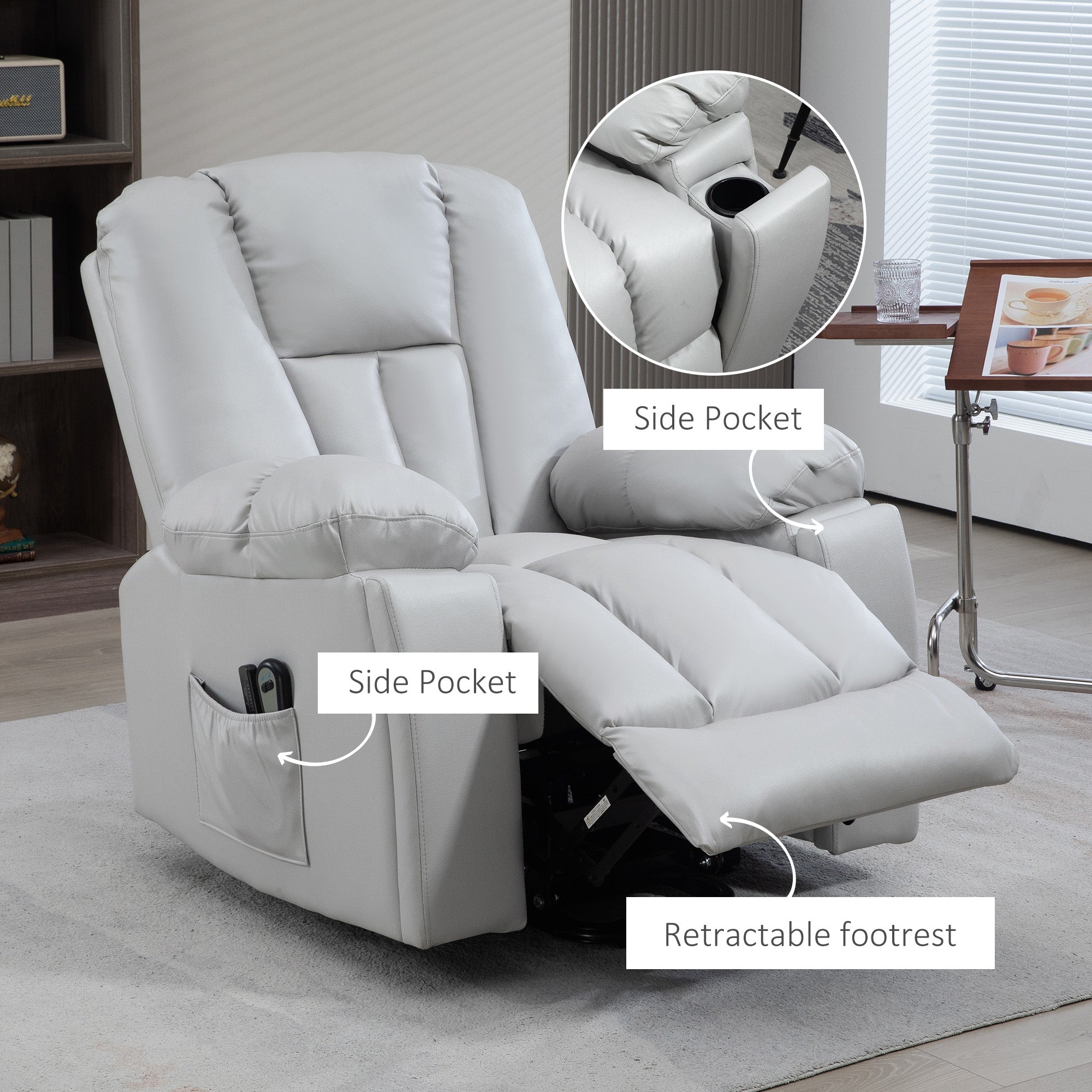 HOMCOM Leathaire Eight Massage Point Armchair, with Reclining Back - Light Grey