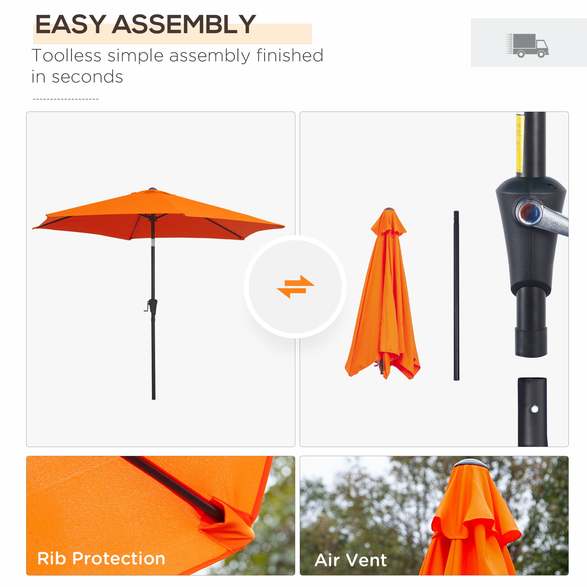 Outsunny 2.7M Garden Parasol Umbrella with Tilt and Crank, Outdoor Sun Parasol Sunshade Shelter with Aluminium Frame, Orange - North Peak Garden Furniture