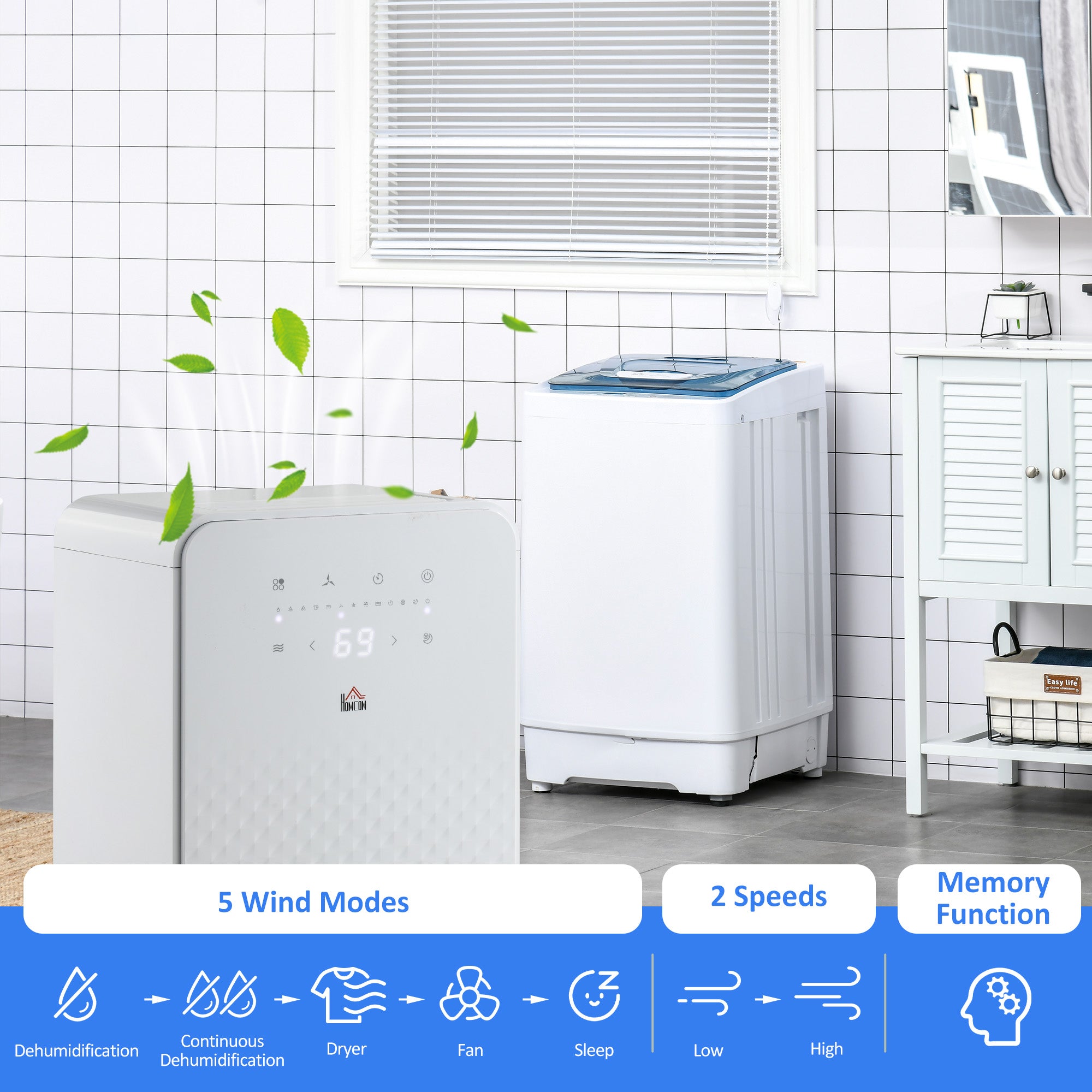 HOMCOM 2000mL Portable Dehumidifier with Air Purifier, 24H Timer, 5 Modes, 12L/Day, for Home Laundry, White - North Peak Garden Furniture