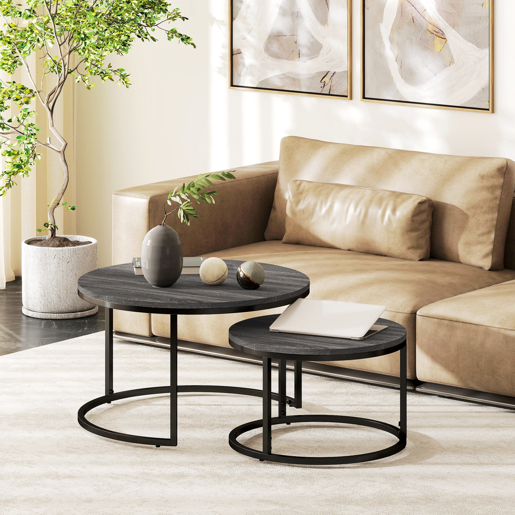 HOMCOM Set of Two Marble-Effect Stacking Tables - Wood Grey - North Peak Garden Furniture