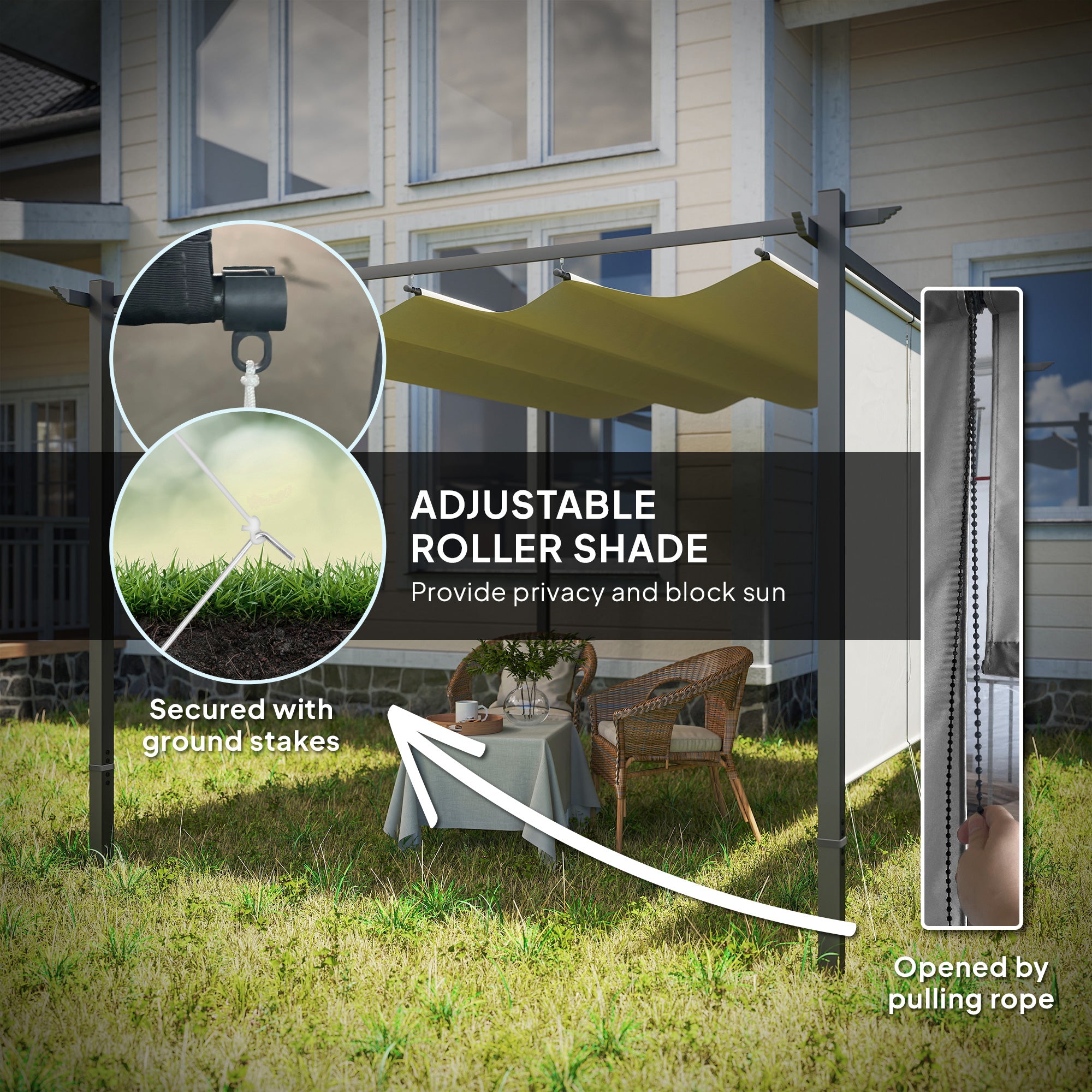 Outsunny 3 x 4m Metal Pergola with Retractable Roof and Roller Shade, Wall-Mounted or Free Standing Garden Gazebo Canopy Pergola Kit, UPF30+ Outdoor Sun Shade Shelter, Beige - North Peak Garden Furniture