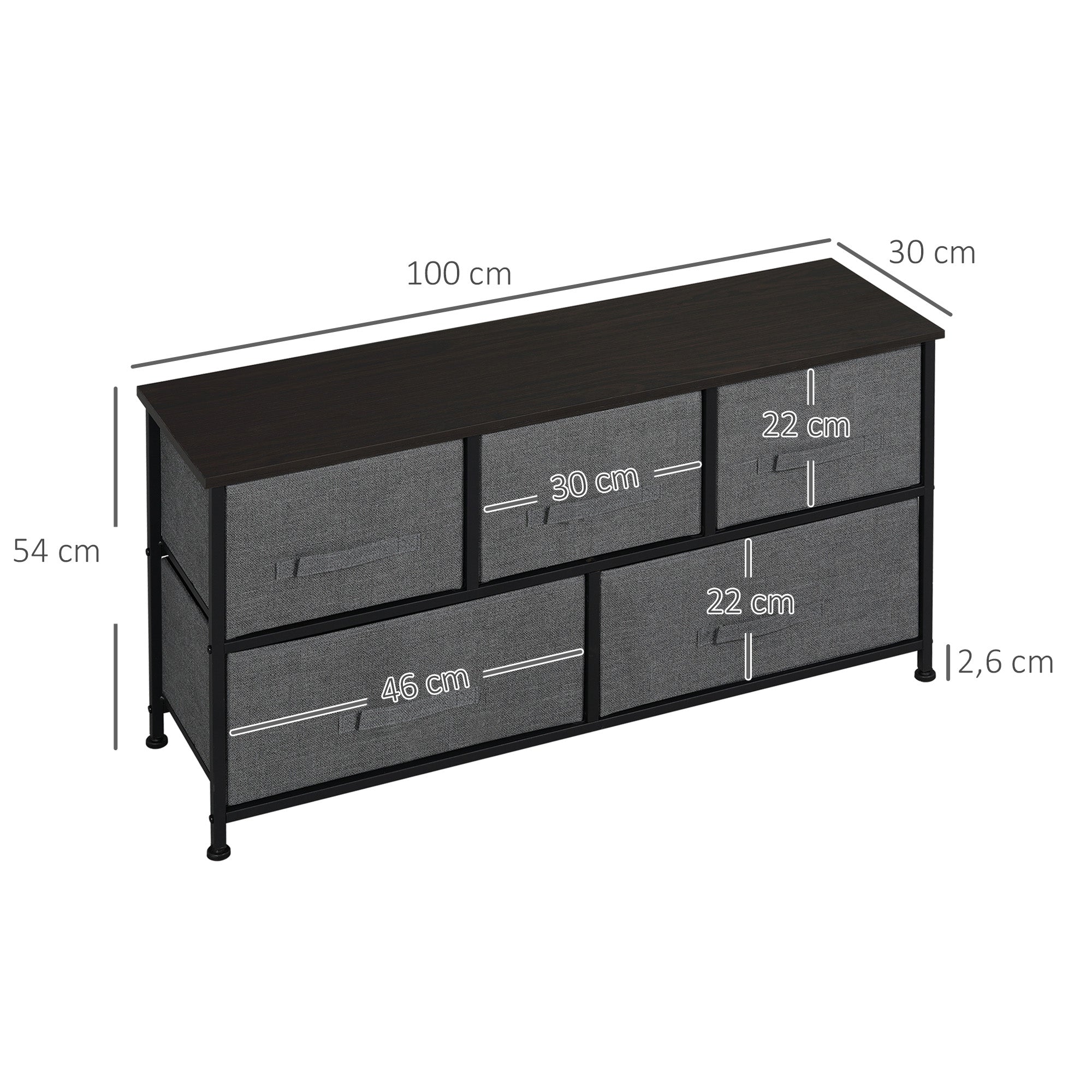 HOMCOM Chest of Drawers, 5 Drawer Fabric Dresser with Steel Frame, Adjustable Feet, Storage Organizer Unit for Bedroom, Living Room, Dark Grey - North Peak Garden Furniture