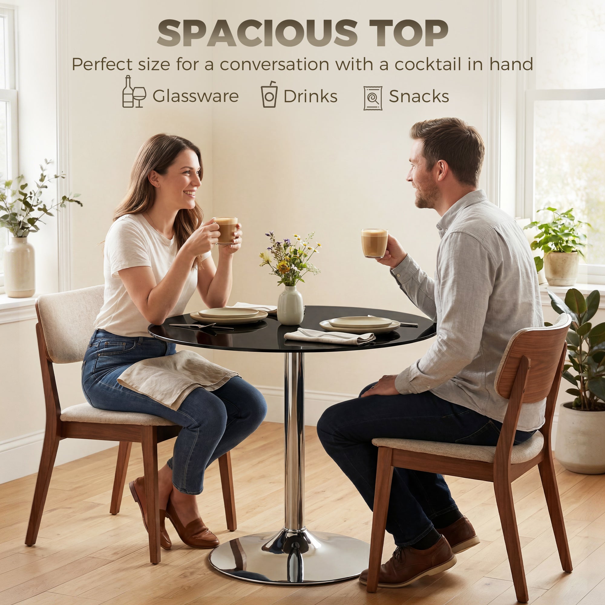 HOMCOM Round Bar Table, Modern Dining Table with Tempered Glass Top and Steel Frame for 4, 70 x 70 x 75.5cm, Black