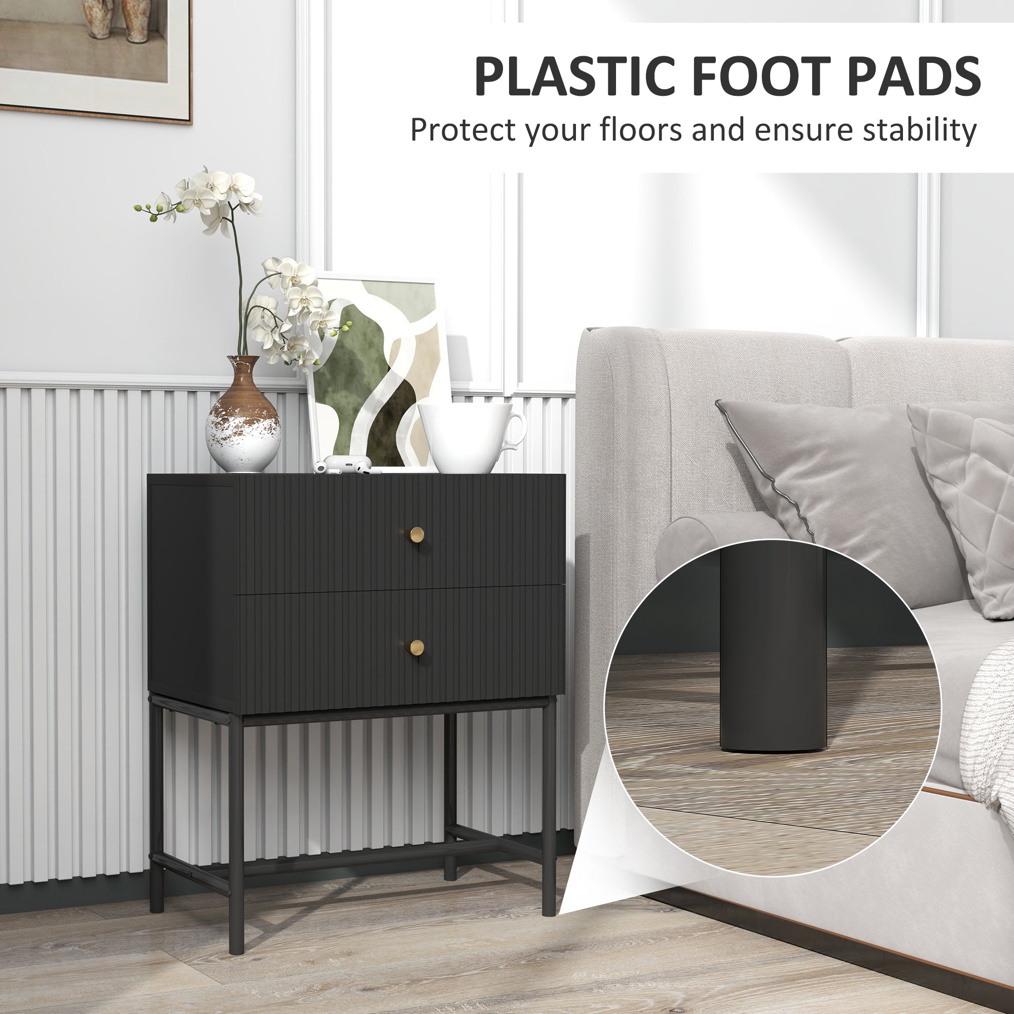 HOMCOM Elegant Two-Drawer Bedside Table - Black - North Peak Garden Furniture