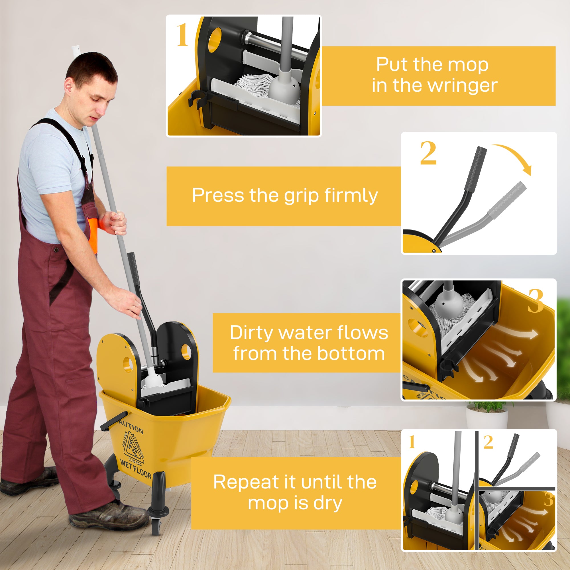 HOMCOM 26 Litre Mop Bucket, with Wringer and Mop - Yellow - North Peak Garden Furniture