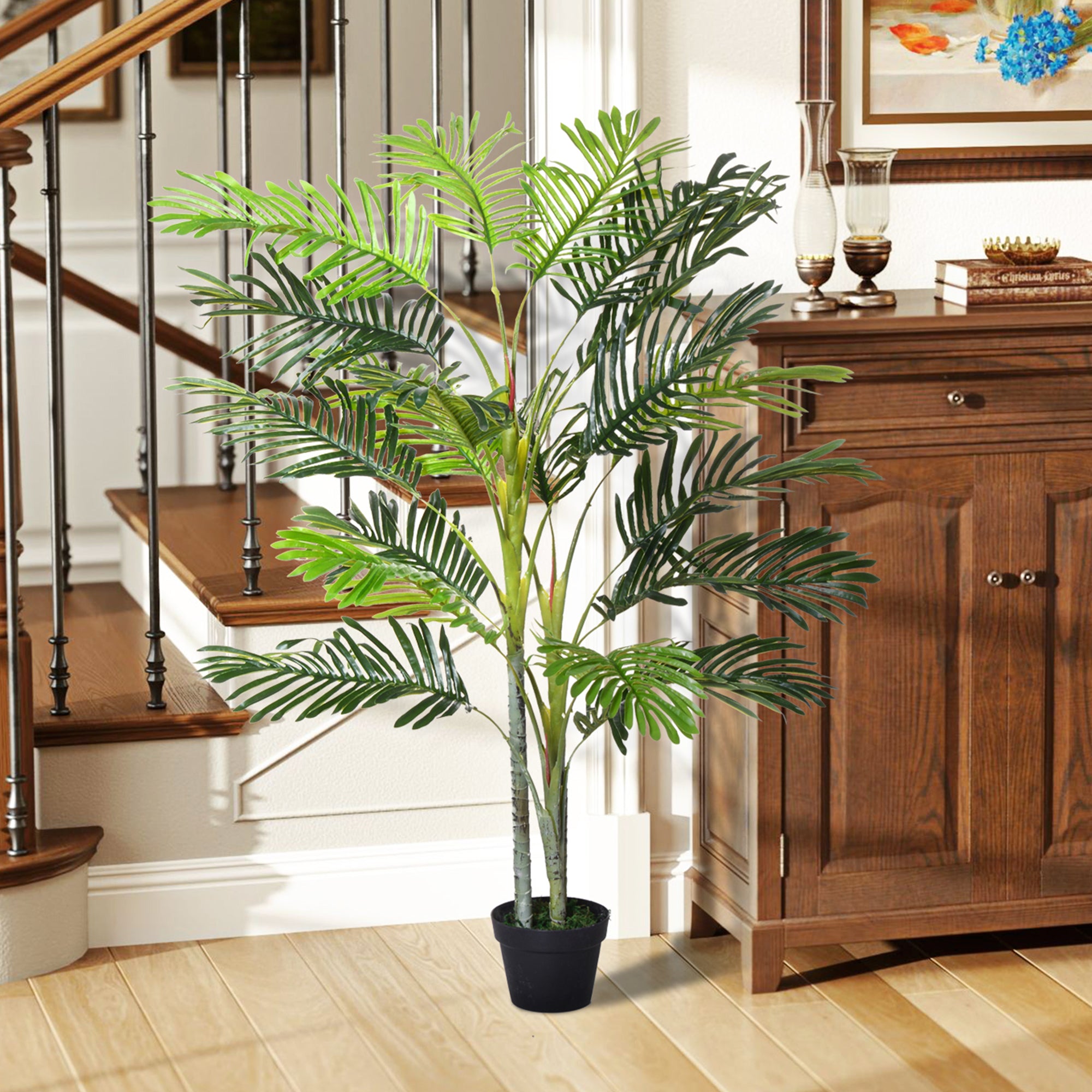 Outsunny Artificial Tree, 150cm Tropical Palm Tree, Fake Plants in Pots, Faux Green Plant for Indoor Outdoor Home Office Living Room Decoration - North Peak Garden Furniture