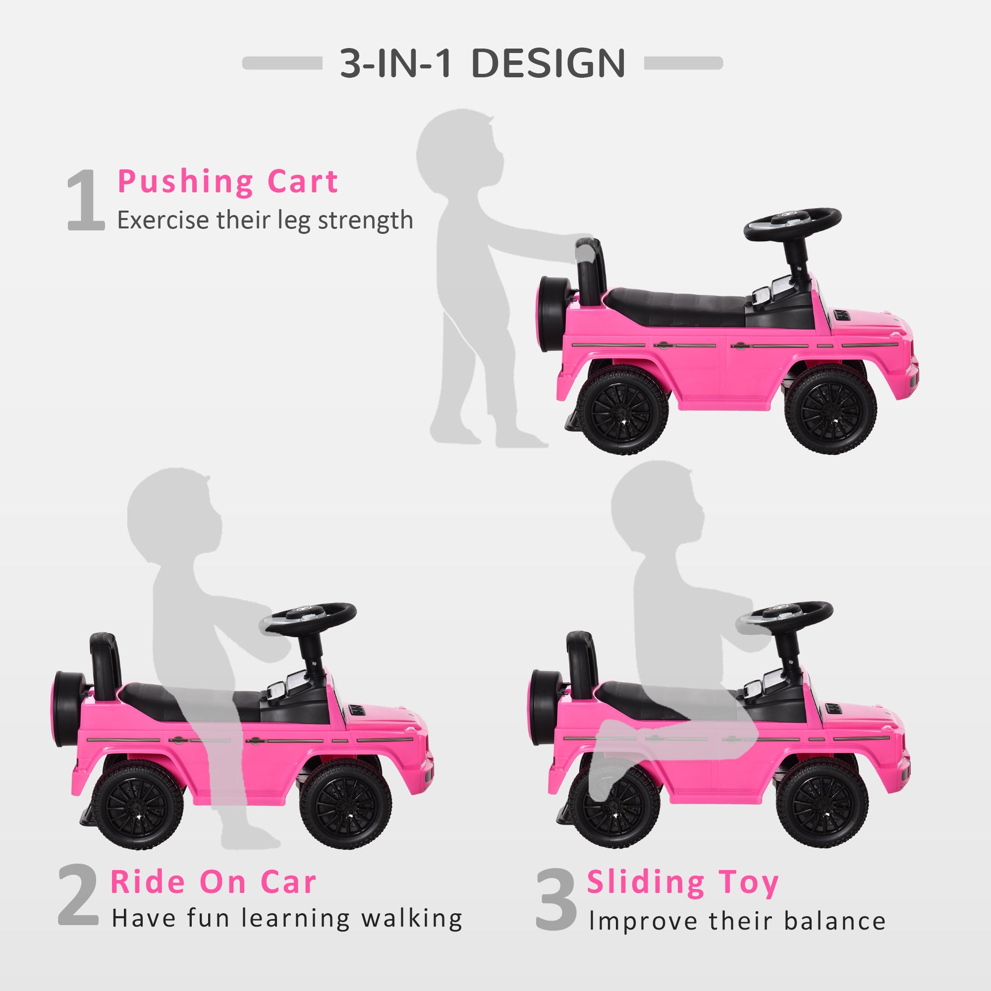 HOMCOM 3 in 1 Kids Ride On Car G350 Licensed Foot To Floor Slider Toddler Push Along NO POWER Pink 12-36 months - North Peak Garden Furniture