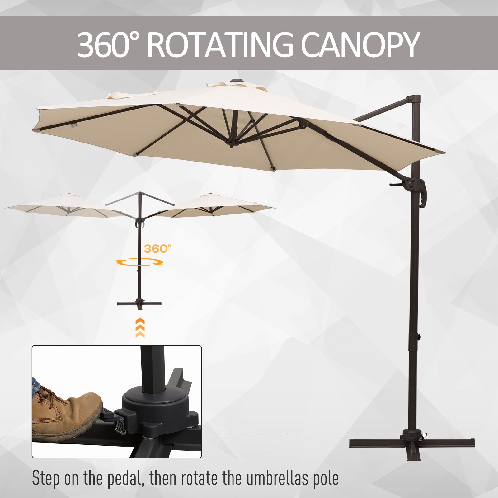 Outsunny Banana Parasol 3M Cantilever Umbrella with Cross Base, Aluminium Frame, 360° Rotation, Hand Crank, Beige