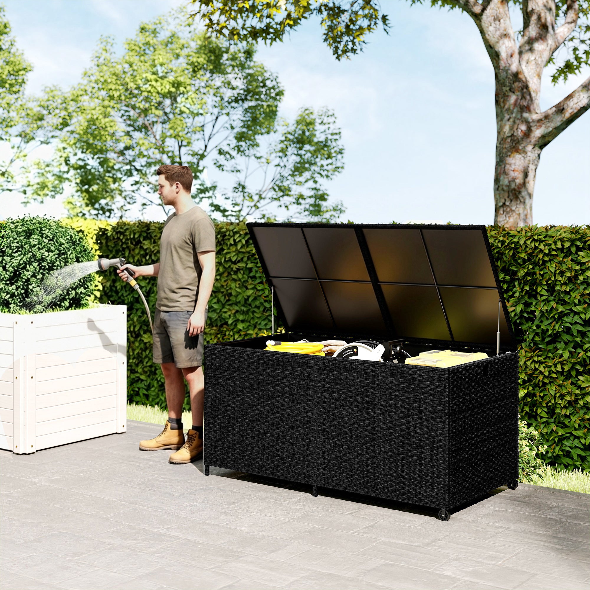 Outsunny 650L Garden Storage Box with 2 Wheels, Rattan Deck Box with Waterproof Zipped Liner, Safe Pneumatic Rods, Black