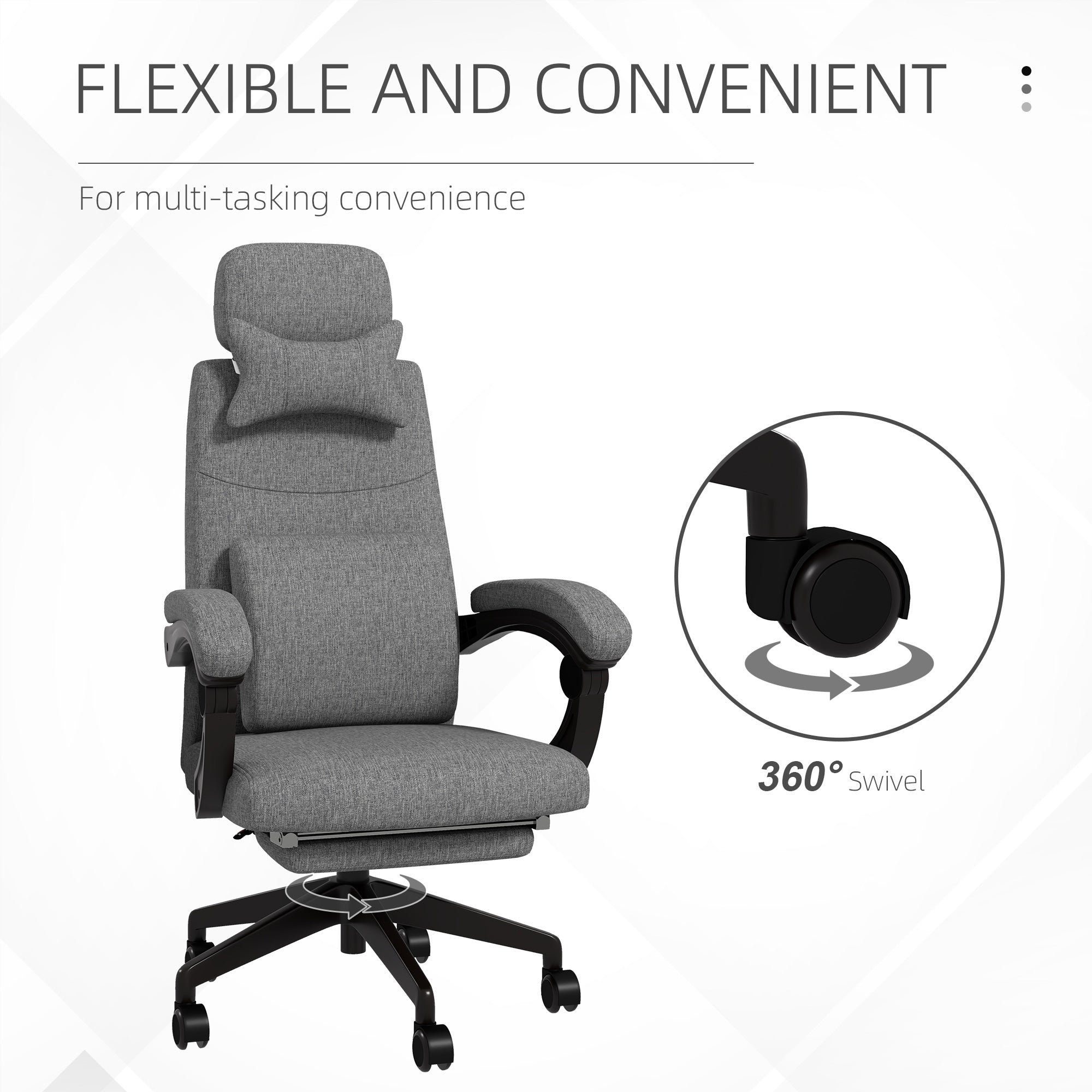 Vinsetto Linen-Look Office Chair, with 160° Reclining Back and Footrest - Grey - North Peak Garden Furniture