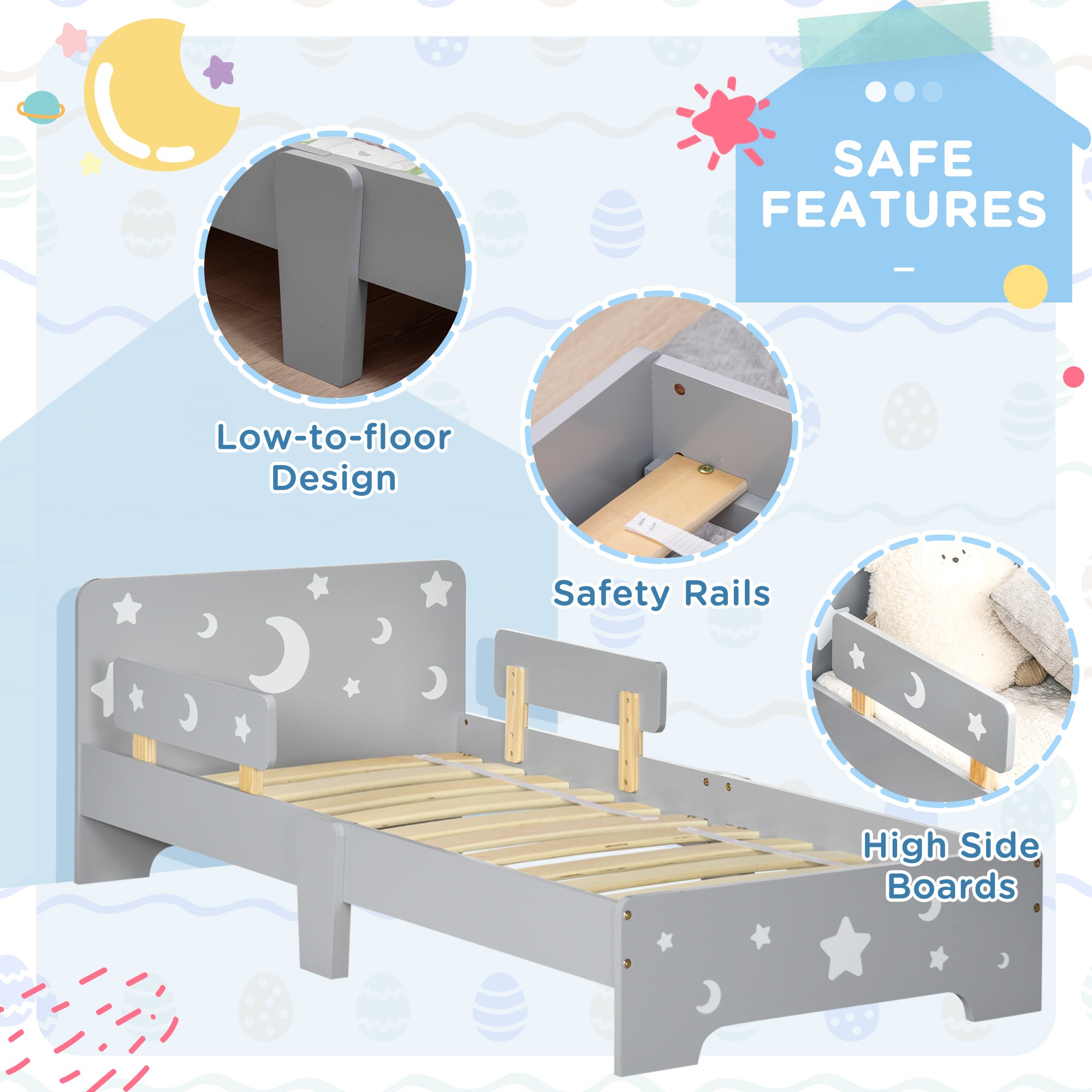 ZONEKIZ Kids Toddler Bed, with Star and Moon Patterns, Side Rails, for Ages 3-6 Years - Grey - North Peak Garden Furniture