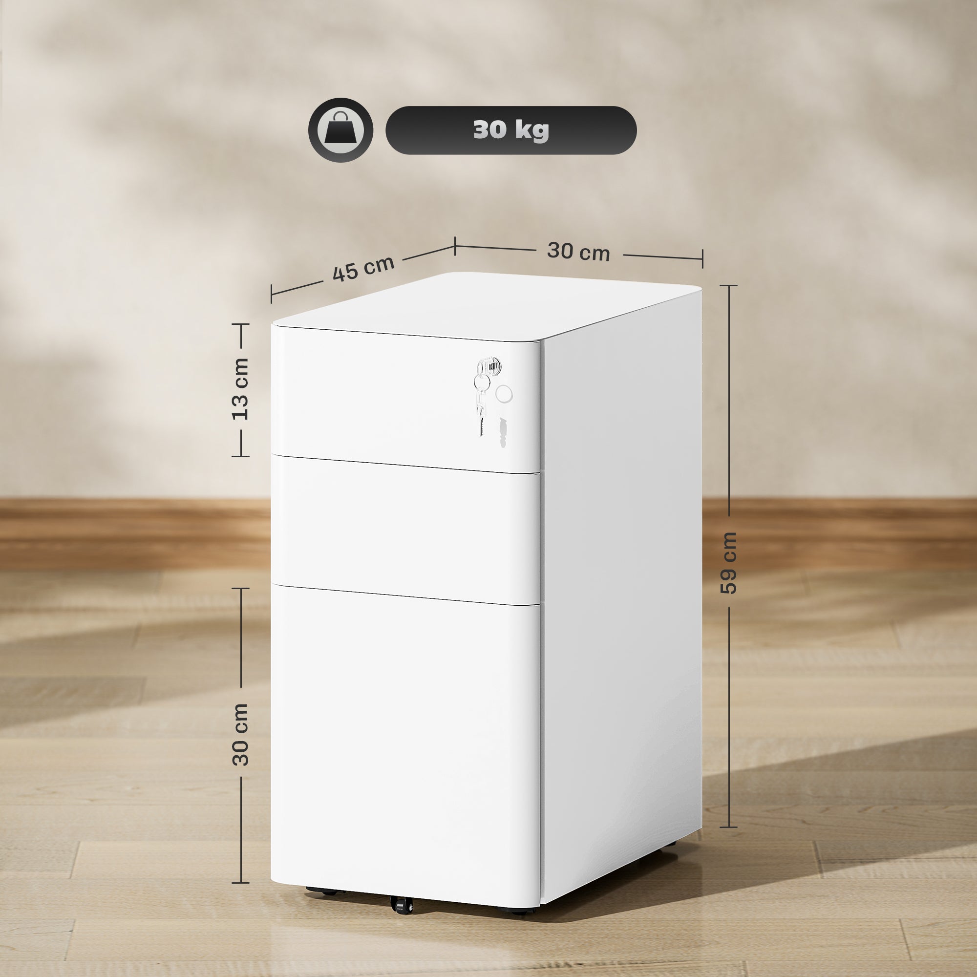 Vinsetto 3-Drawer Steel Filing Cabinet with Lock - White - North Peak Garden Furniture
