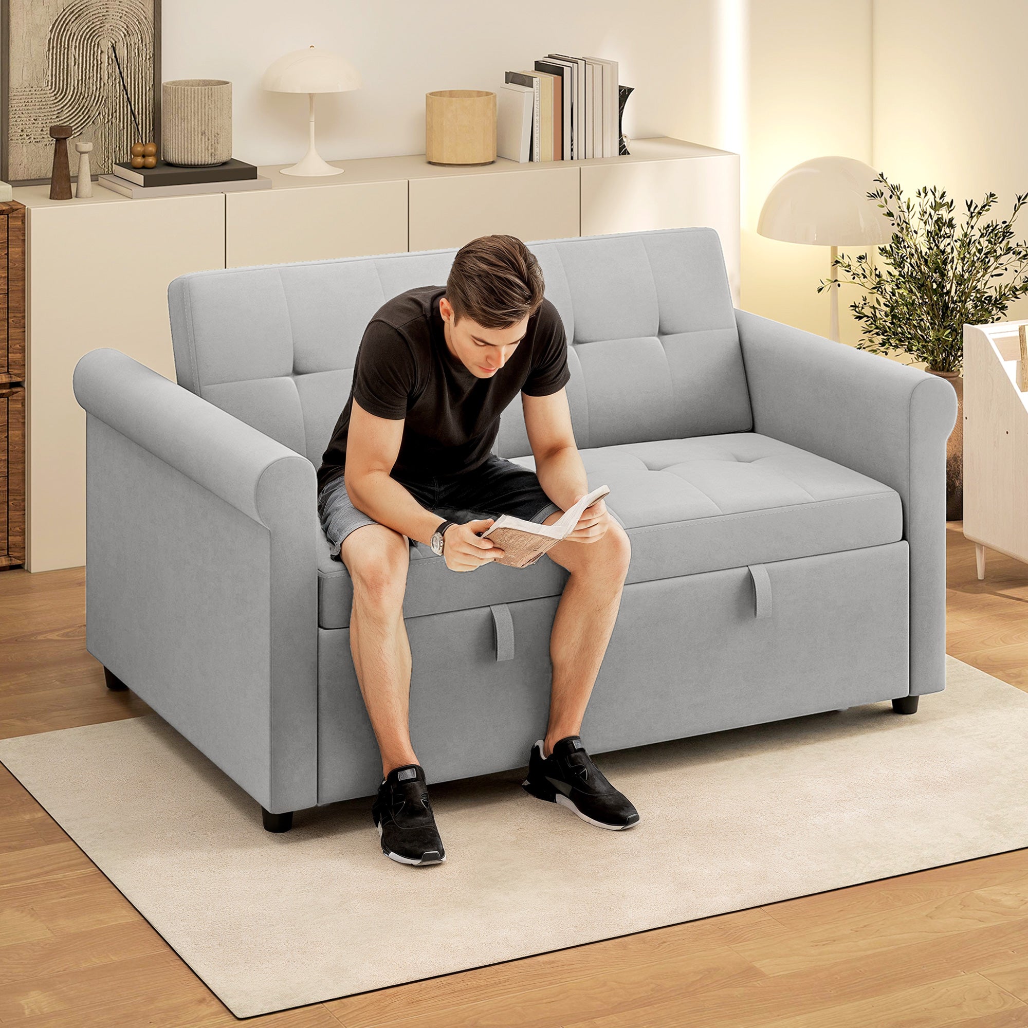 HOMCOM Two-Seater Velvet-Feel Sofa Bed - Grey