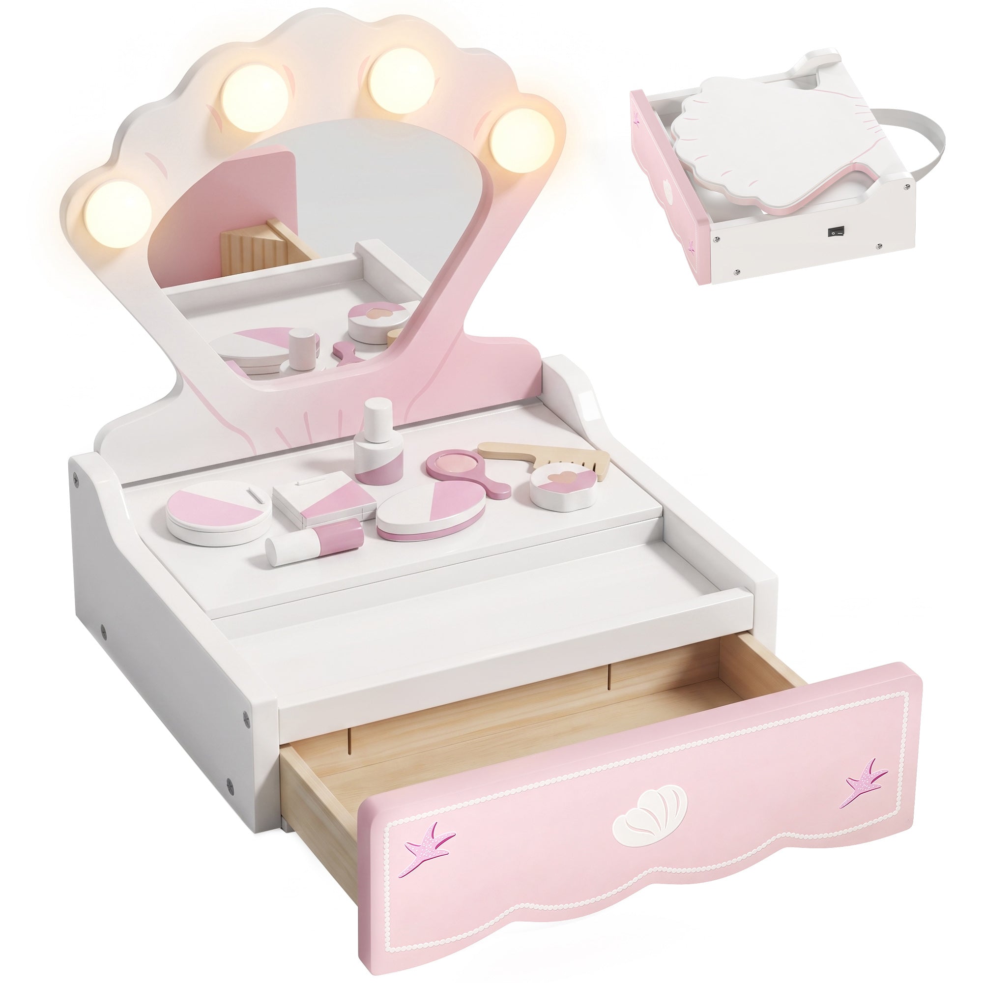 AIYAPLAY Kids Dressing Table, Portable Vanity Table with Lights, Mirror, Drawer, Accessories, Gift for 3-6 Years