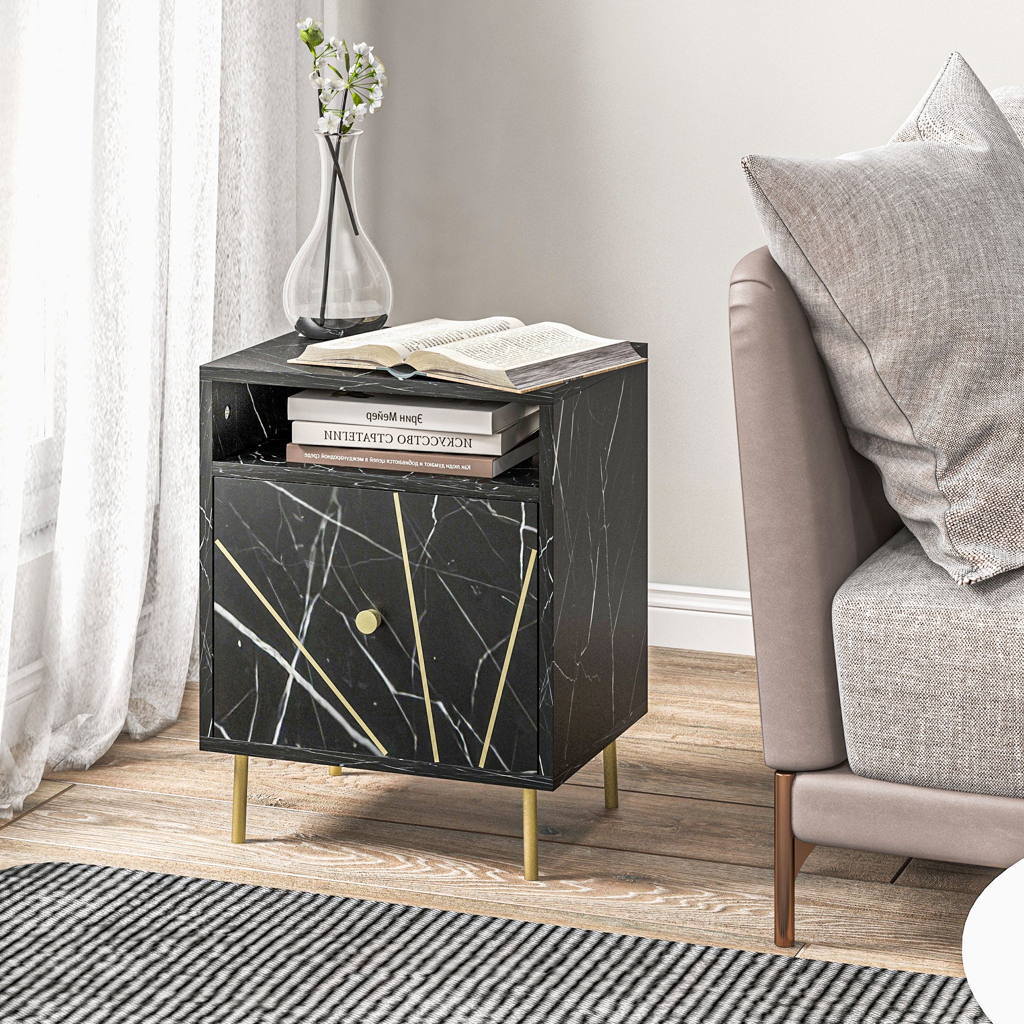 HOMCOM Elegant Bedside with Storage - Black/Gold Tone - North Peak Garden Furniture