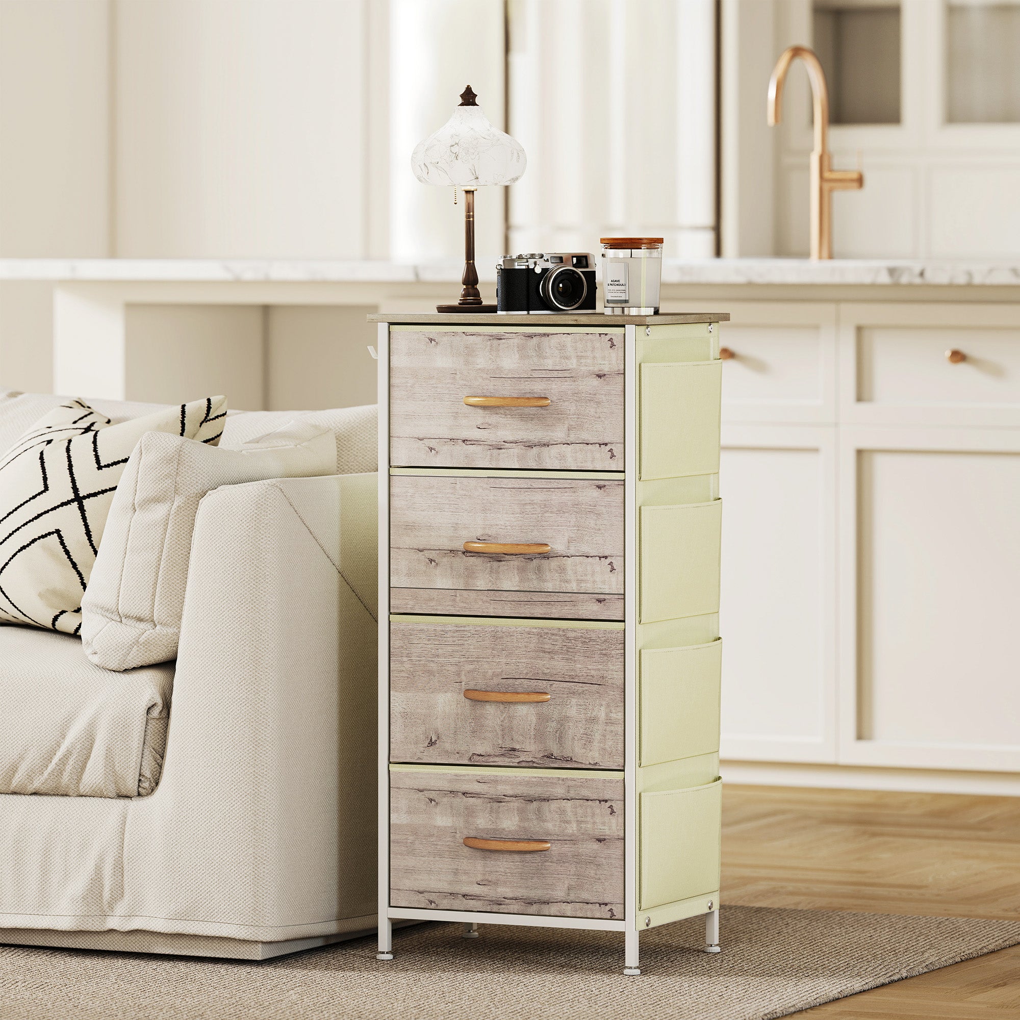 HOMCOM Chest of Four Fabric Drawers - Natural Wood Finish