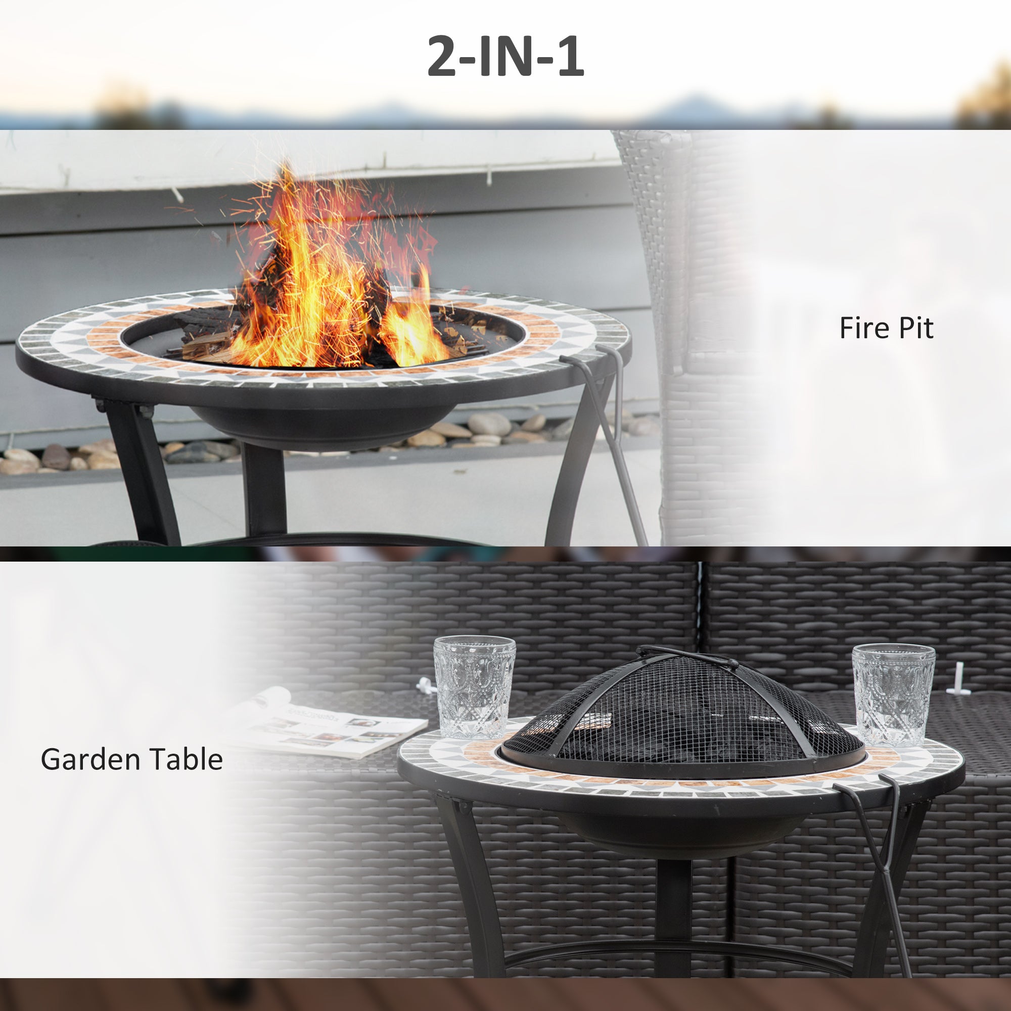 Outsunny 60cm Outdoor Fire Pit Table with Mosaic Outer, Round Firepit with Spark Screen Cover, Fire Poker for Garden Bonfire Party