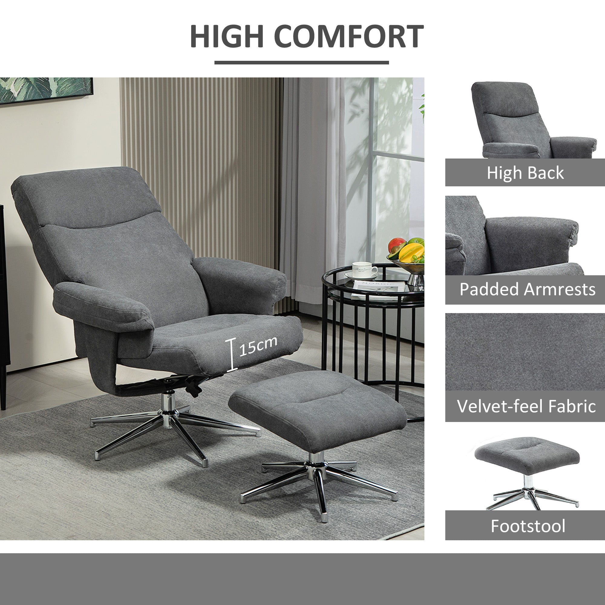 HOMCOM Recliner Chair with Footstool, Upholstered Velvet Fabric Armchair with Adjustable Back, Solid Wood Frame for Living Room, Charcoal Grey - North Peak Garden Furniture