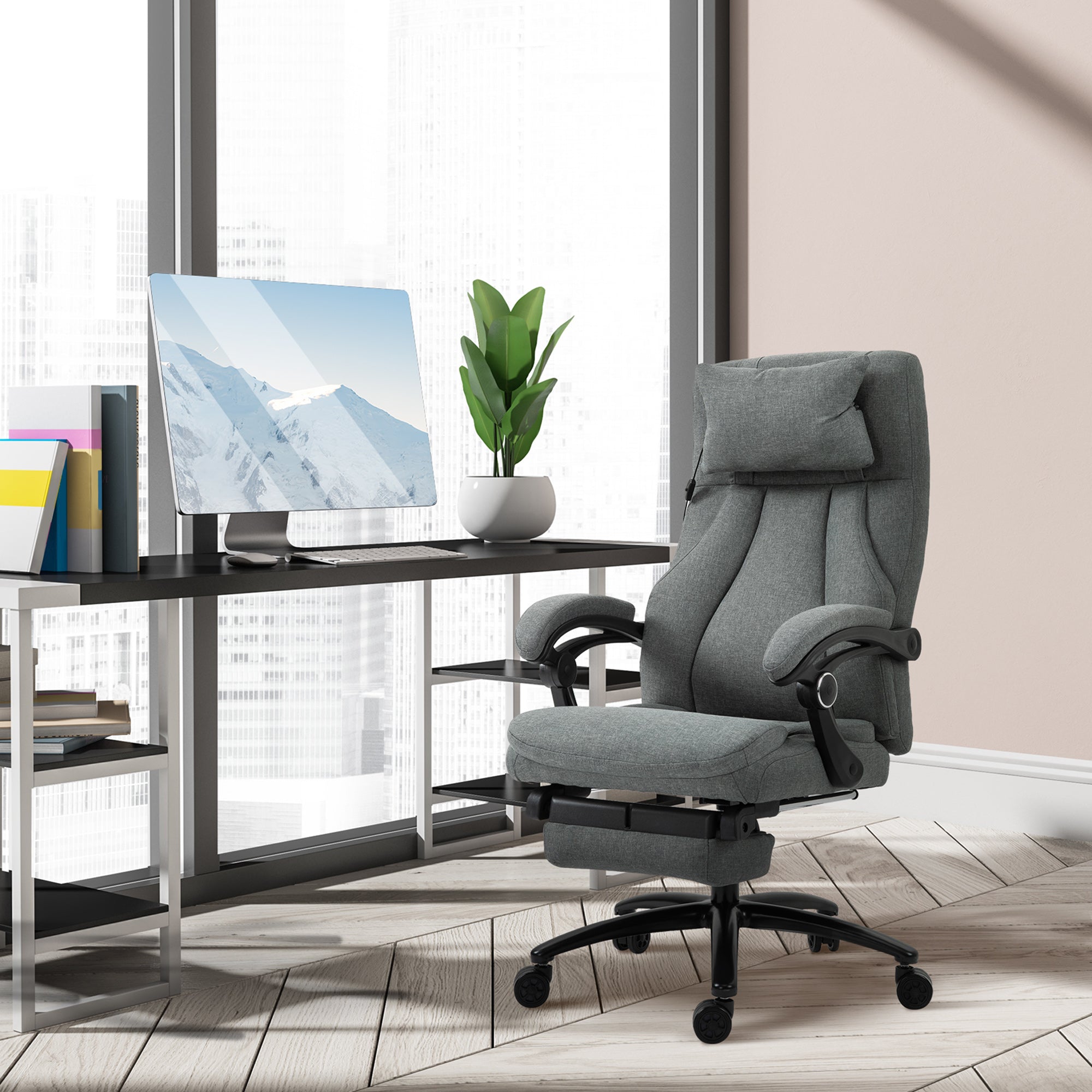 Vinsetto Office Chair, Fabric Desk Chair with Adjustable Massage Pillow, USB Power and Retractable Footrest, High Back, 360° Swivel, for Home, Grey - North Peak Garden Furniture