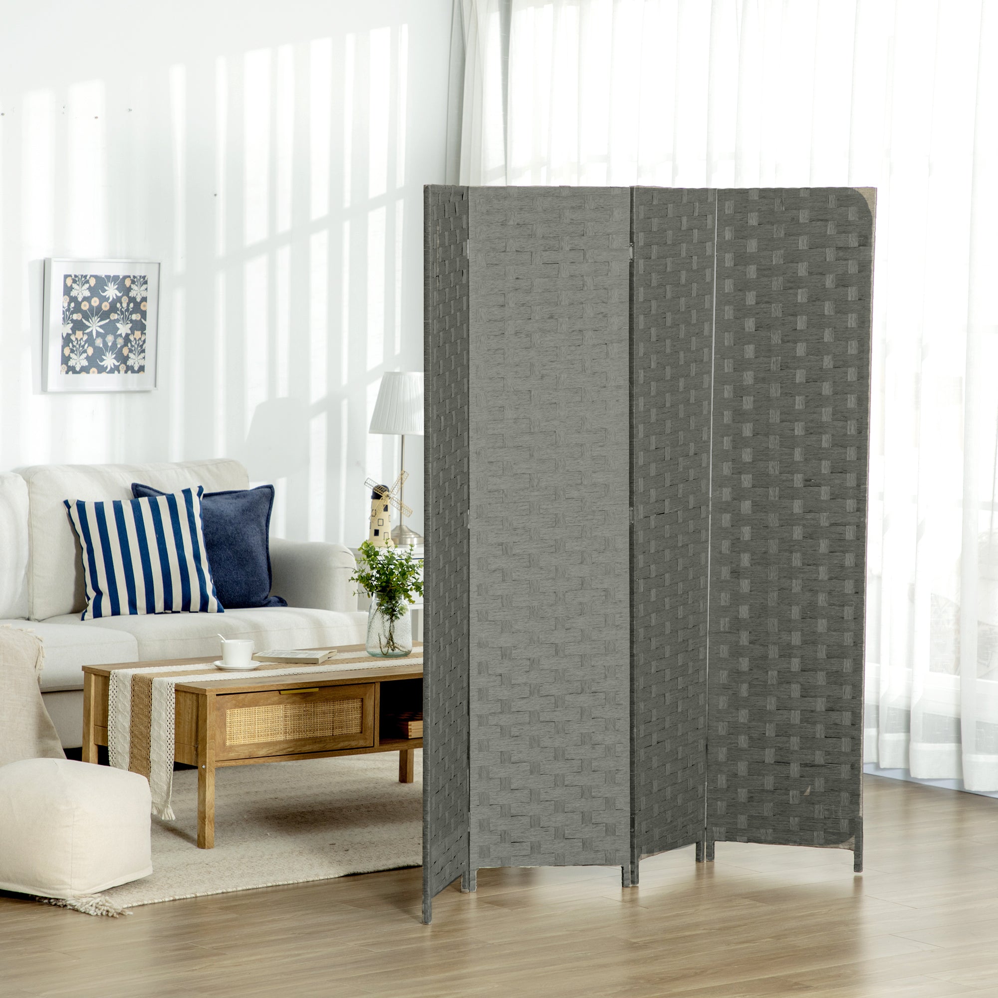 HOMCOM 4-Panel Room Dividers, Wave Fibre Freestanding Folding Privacy Screen Panels, Partition Wall Divider for Indoor Bedroom Office, 170 cm, Grey