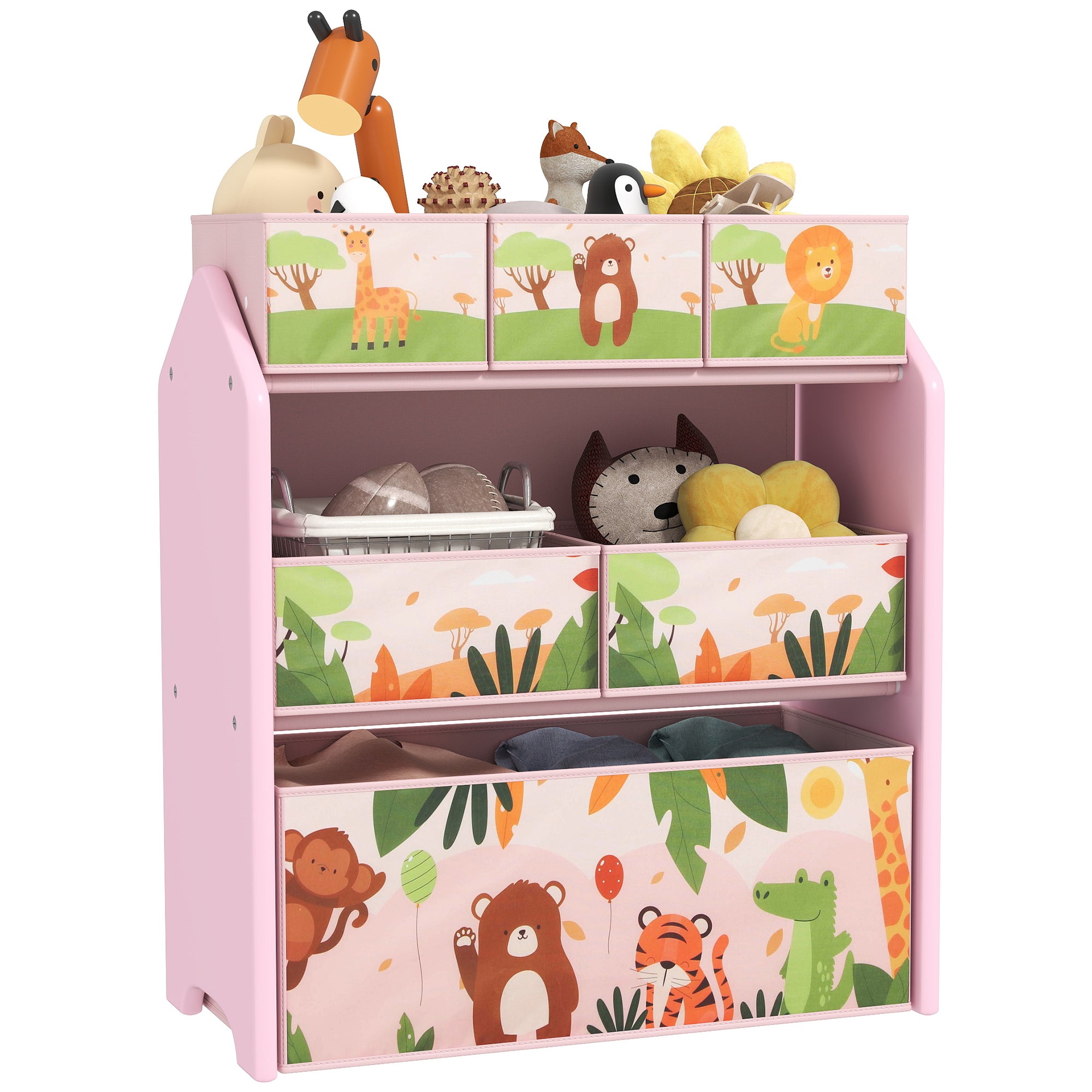 AIYAPLAY 3-Tier Kids Toy Storage Unit with 6 Removable Storage Boxes, for Playroom, Bedroom, Children's Room, Nursery, Pink - North Peak Garden Furniture