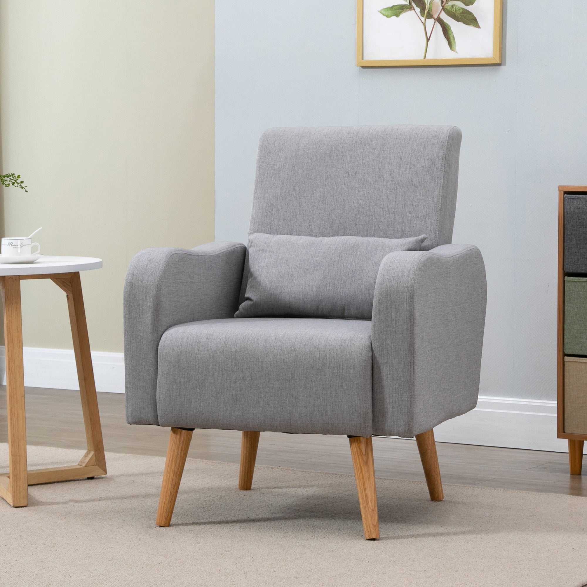 HOMCOM Accent Chair, Linen-Touch Armchair, Upholstered Leisure Lounge Sofa for Living Room, Club Chair with Wooden Frame, Grey - North Peak Garden Furniture
