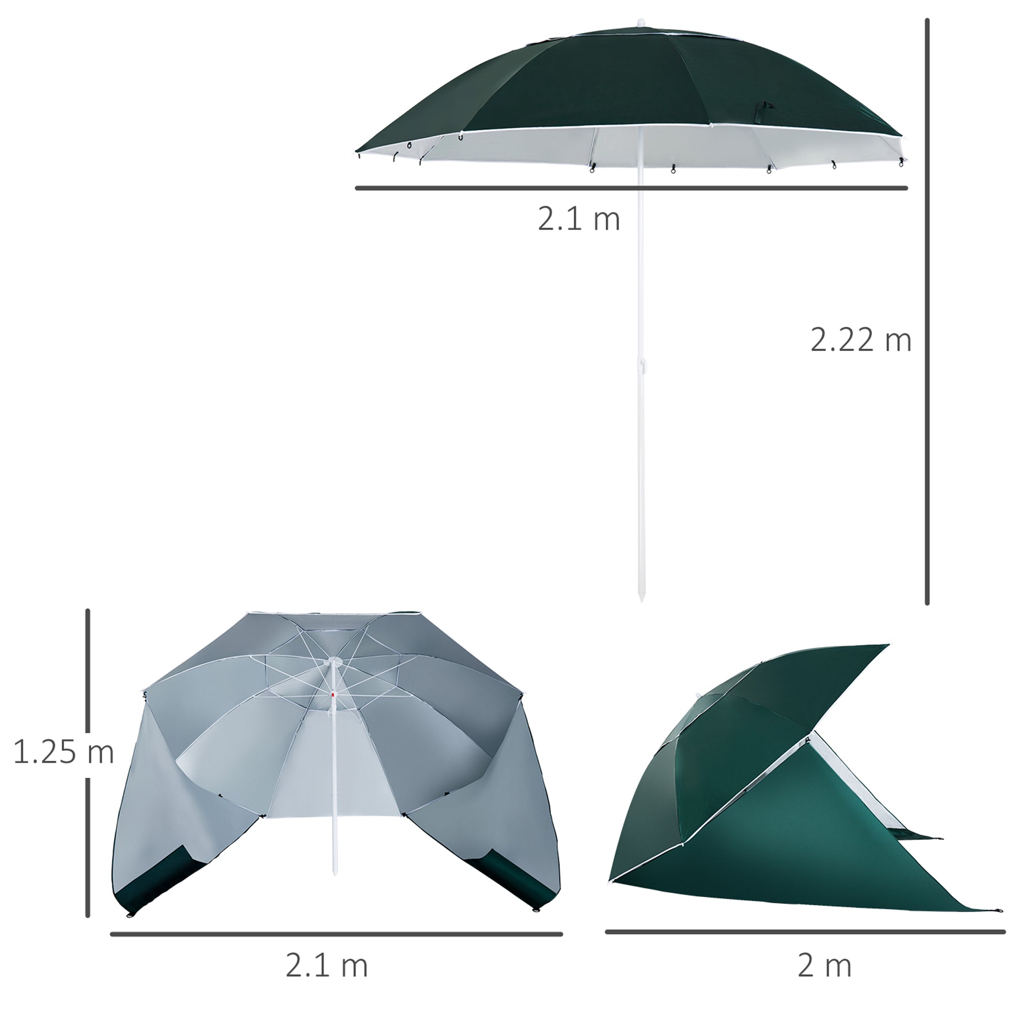 Outsunny 2m UV Protection Fishing Beach Umbrella Brolly Shelter w/ Side Panel Tent Green - North Peak Garden Furniture