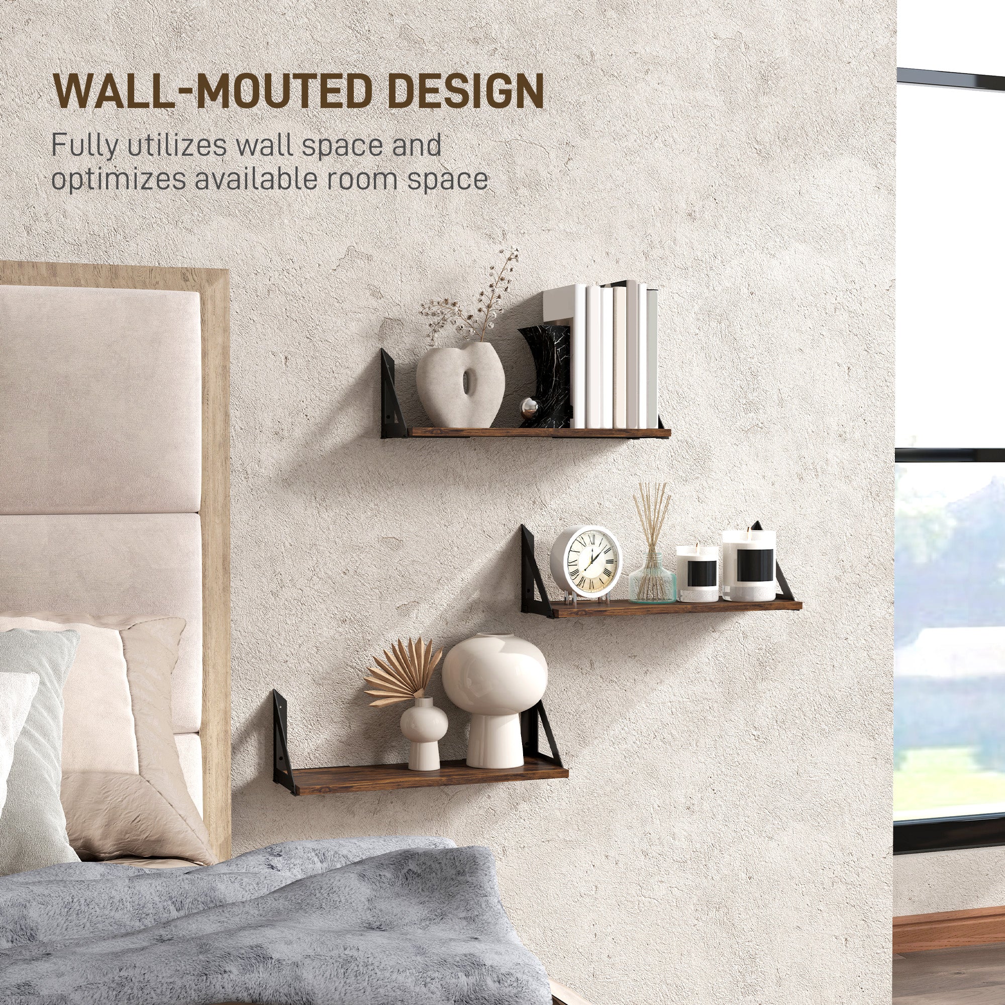 HOMCOM Set of 3 Wall Mounted Floating Shelves, Vintage Wall Shelves for Living Room, Entryway, Bedroom, Rustic Brown - North Peak Garden Furniture