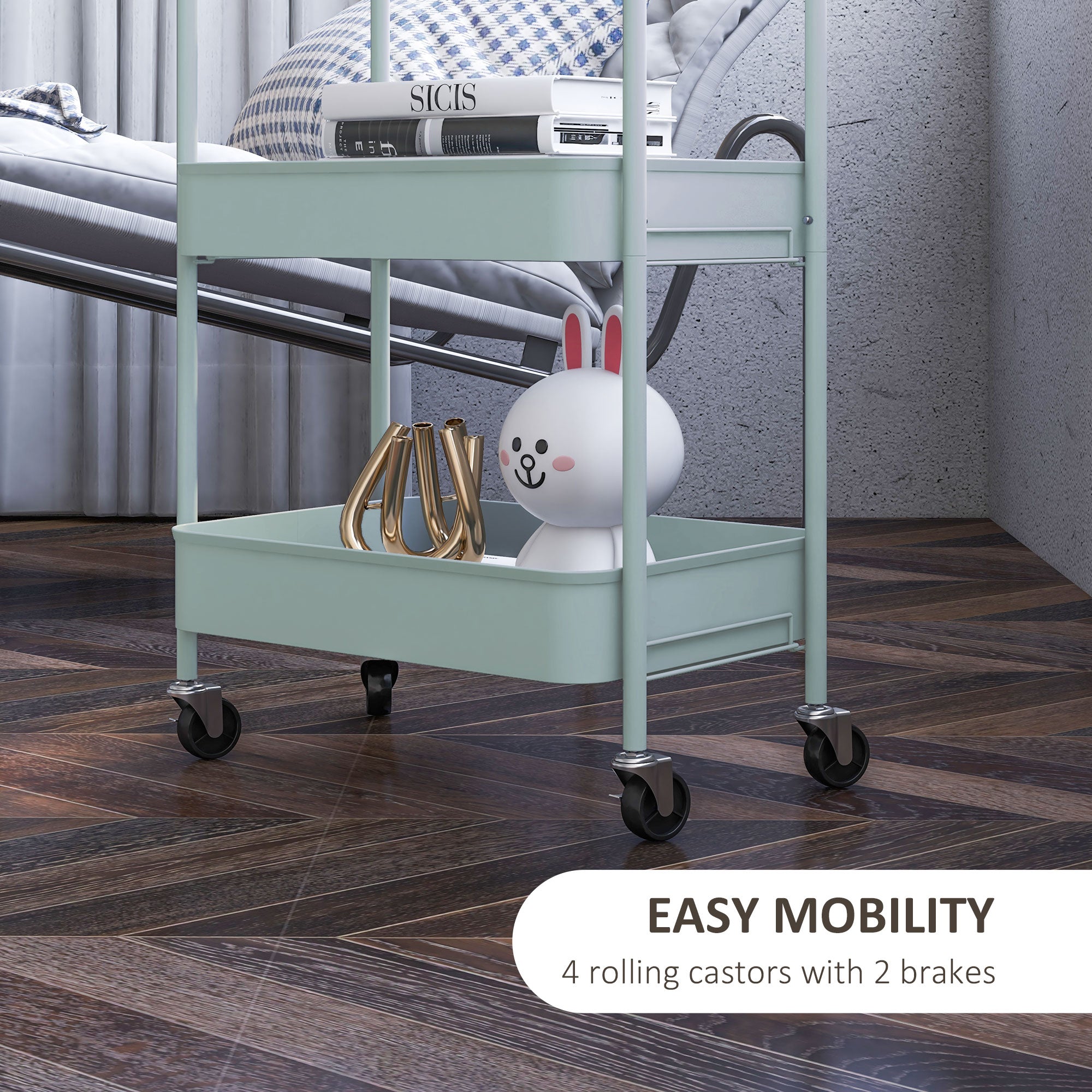HOMCOM Three-Tier Steel Storage Trolley - Light Blue - North Peak Garden Furniture