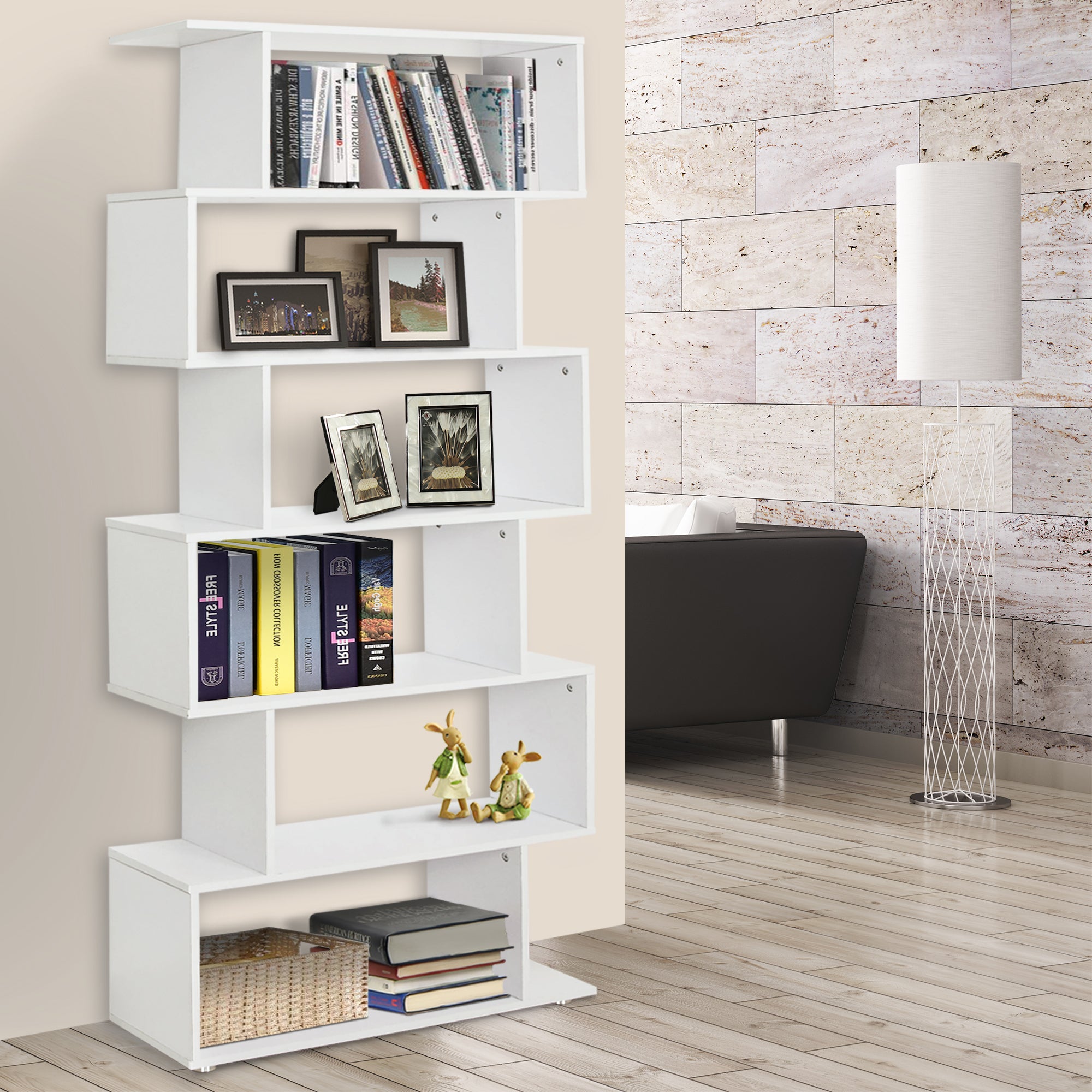 HOMCOM S Shape Wooden 6-tier Bookshelf Open Concept Bookcase Storage Display Unit for Home Office Living Room, White