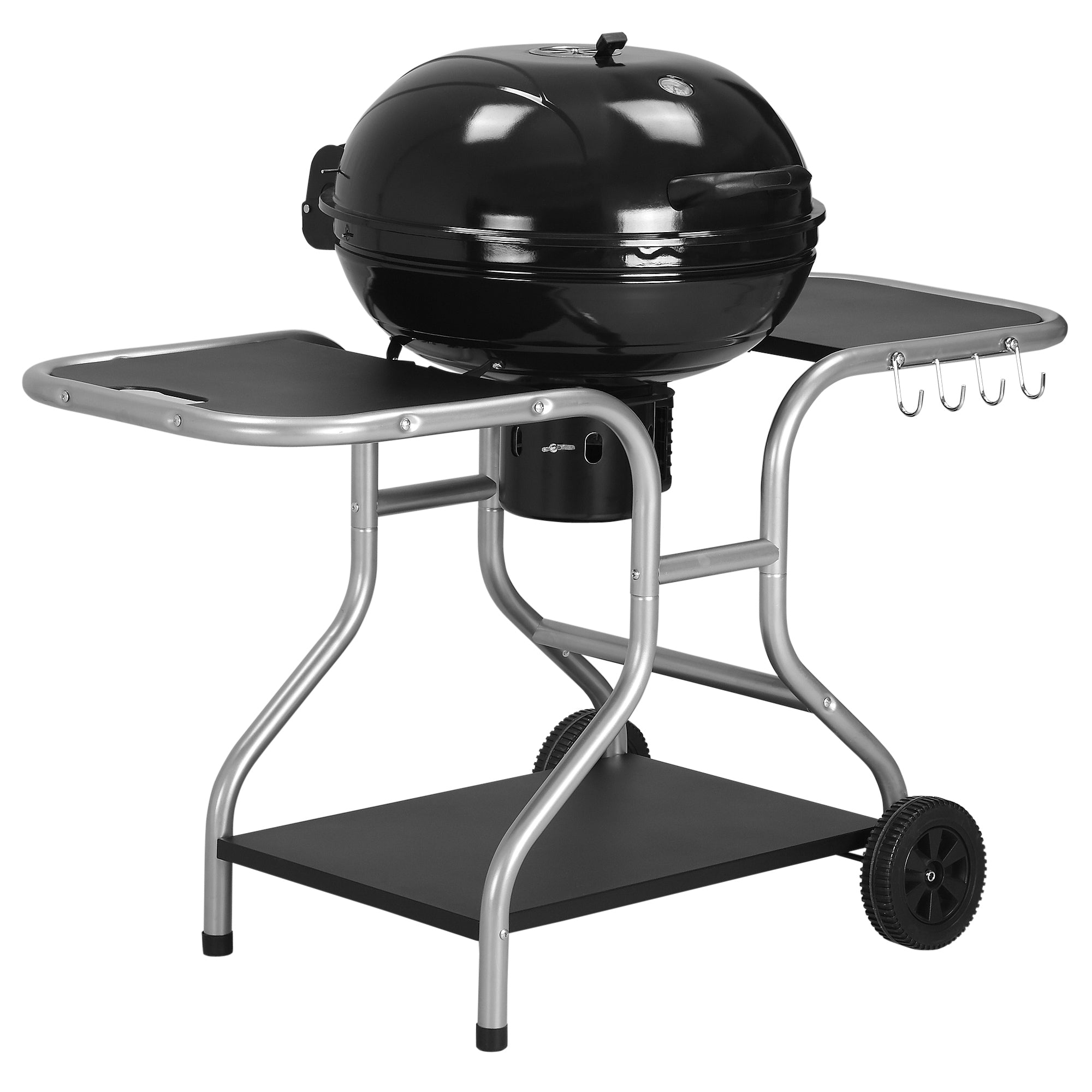 Outsunny Portable Charcoal Kettle Grill Outdoor Barbecue Trolley BBQ Heat Smoker Grilling with Two wheels, Free Standing Black - North Peak Garden Furniture