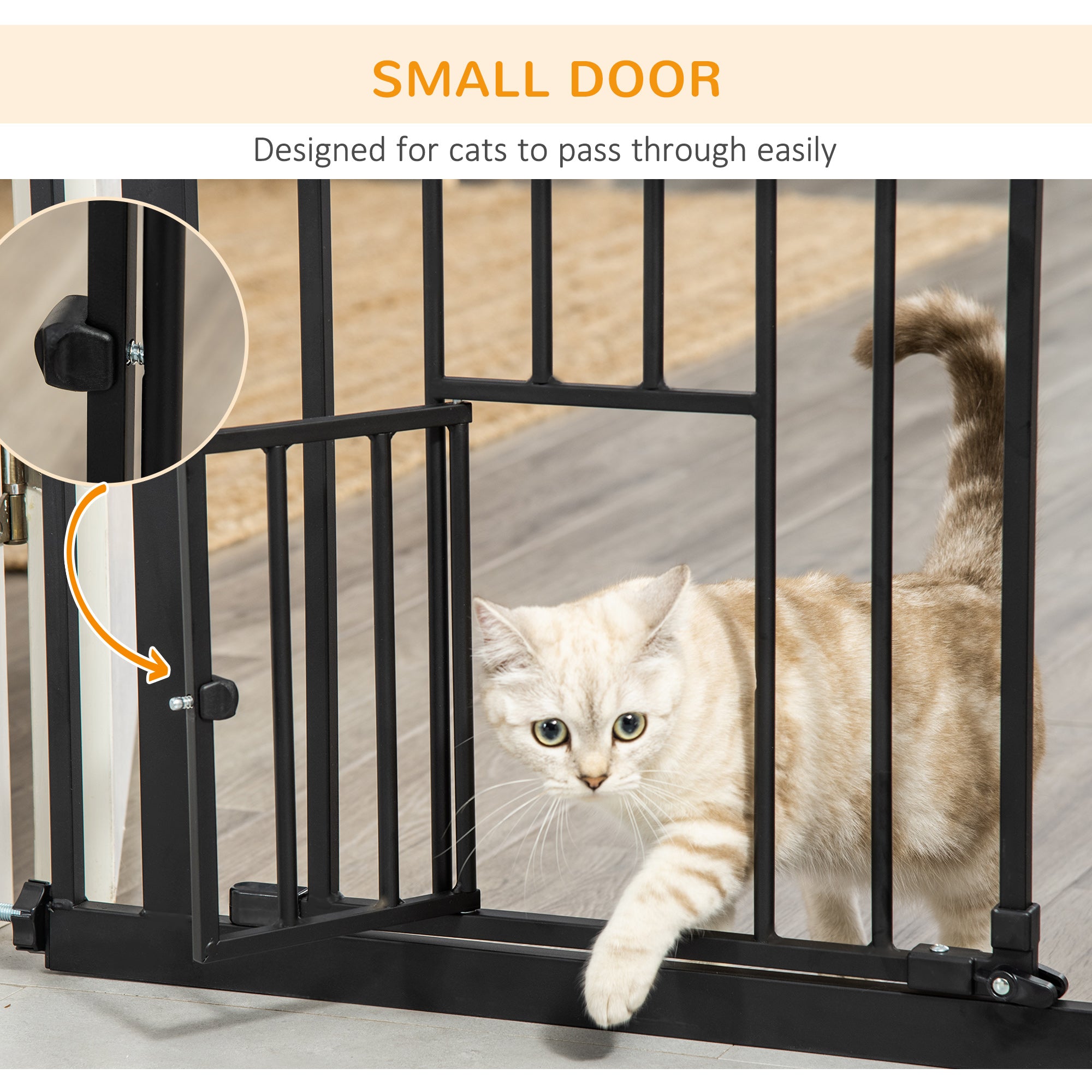 PawHut Extra Tall Pet Gate, Indoor Dog Safety Gate, with Cat Flap, Auto Close, 74-101cm Wide - Black - North Peak Garden Furniture