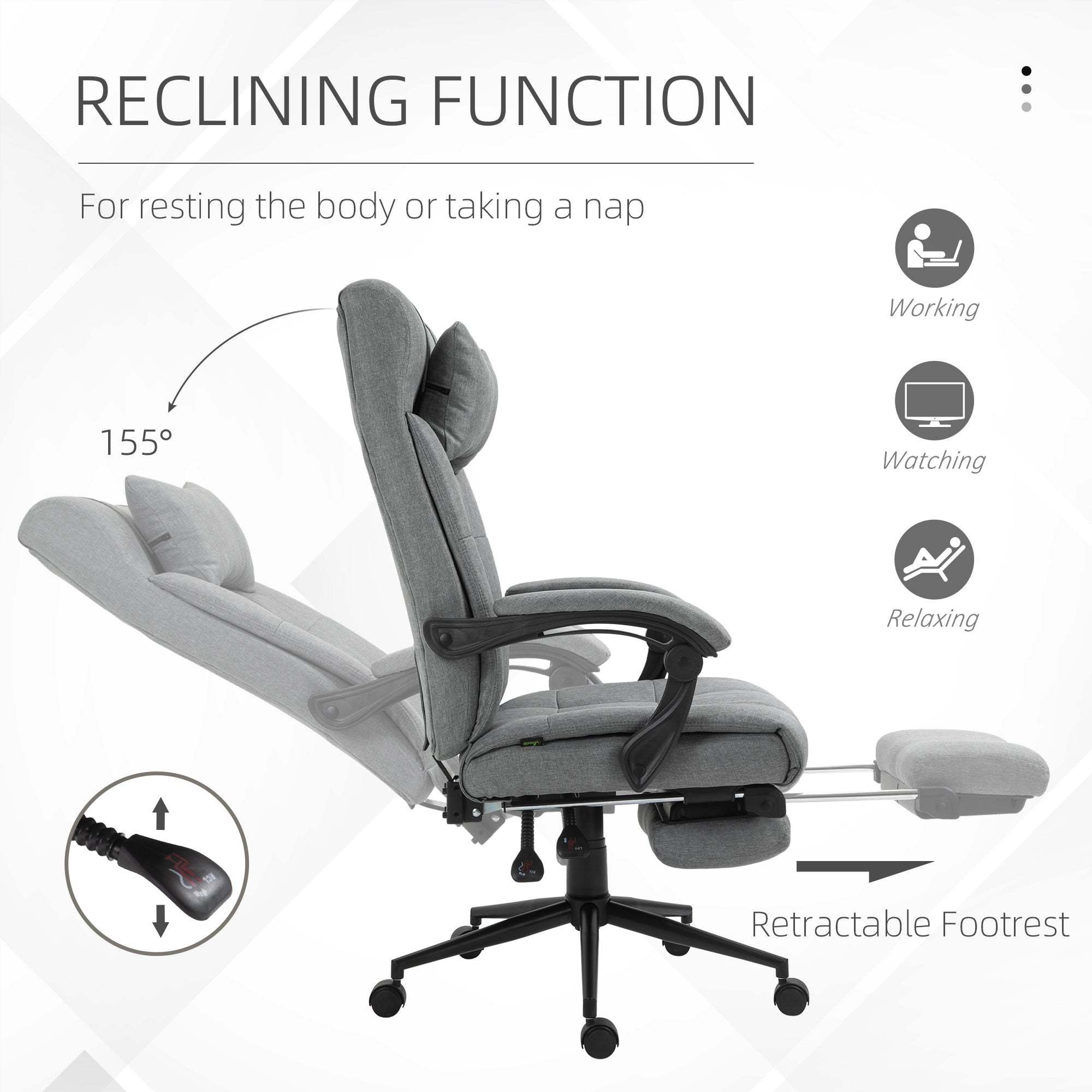 Vinsetto Office Chair with Footrest Ergonomic Office Chair with Armrests Lumber Support and Headrest Light Grey - North Peak Garden Furniture