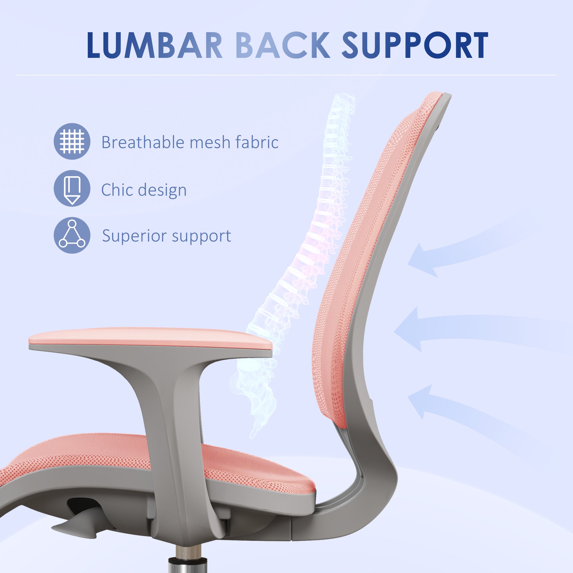 Vinsetto Office Chair, Breathable Mesh Swivel Desk Chair with Adjustable Height and 360° Swivel Security Wheels for Home Office, Study, Pink - North Peak Garden Furniture