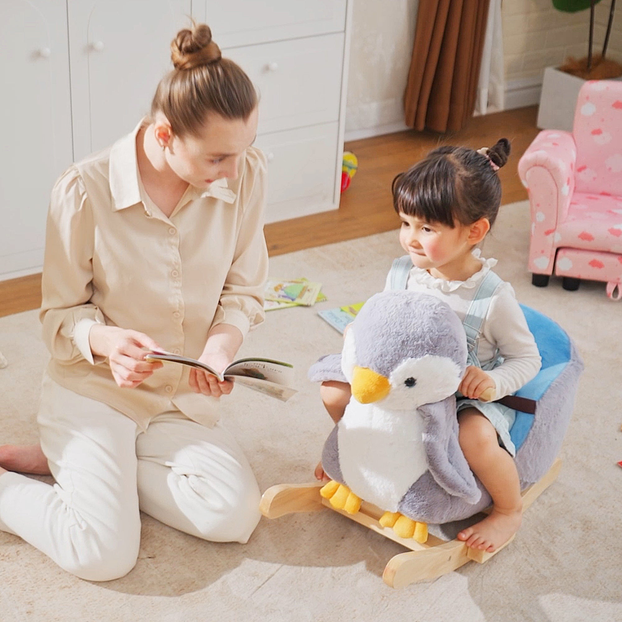 HOMCOM Children Kids Animal Rocking Horse Penguin Plush Musical Button 32 Songs Kid Rocker for 18+ Months - North Peak Garden Furniture